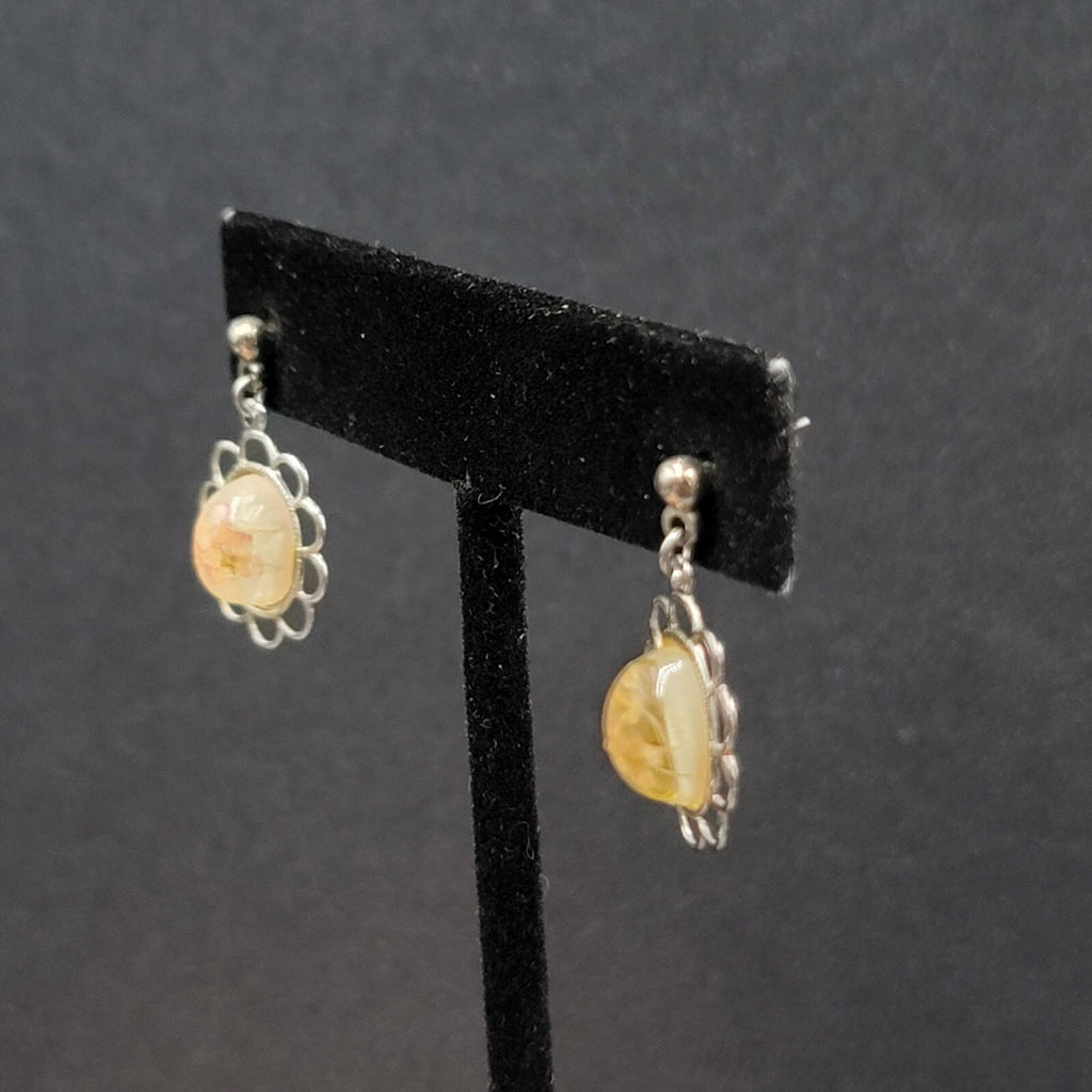 Vintage Real Flower Pierced Earrings Silver tone Dangle 7/8"