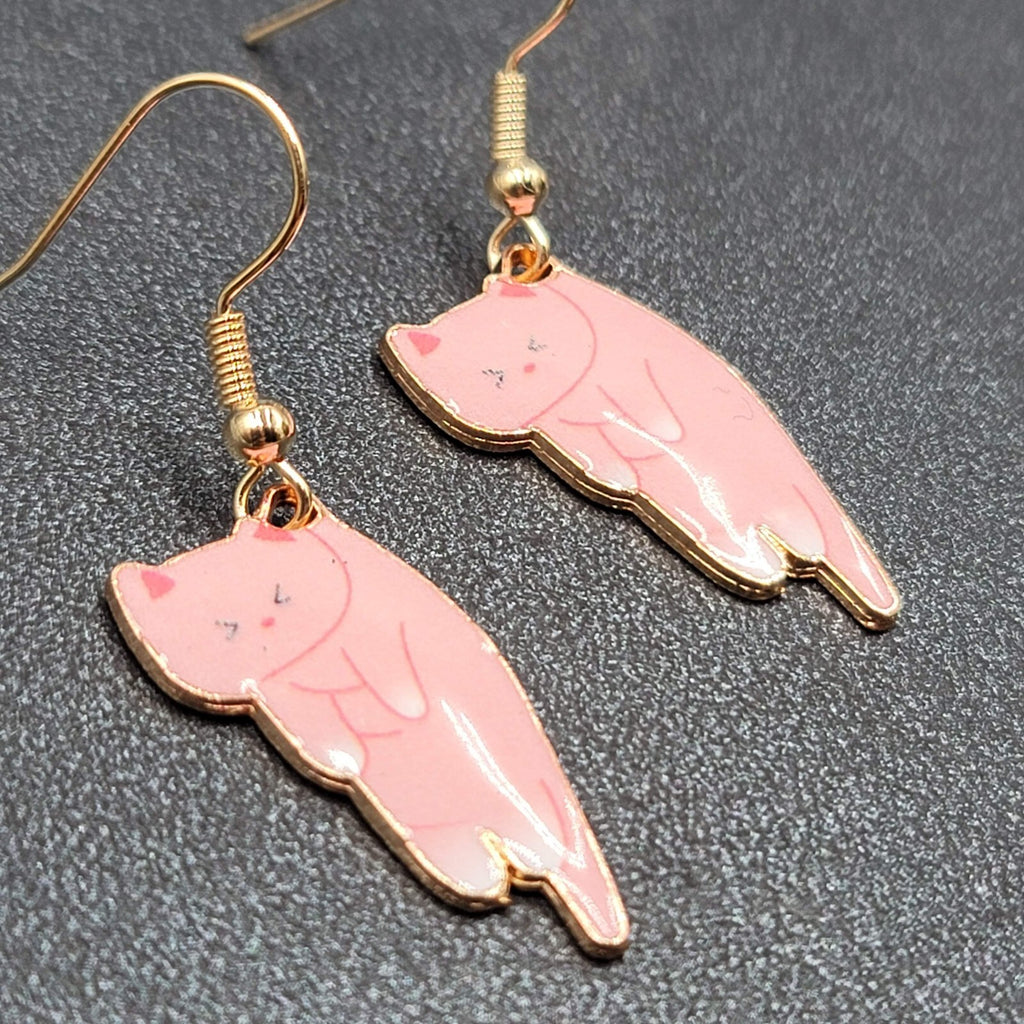 Cat Pierced Earrings Kitty Kitten Gold tone Pink Enamel Dangle 1"