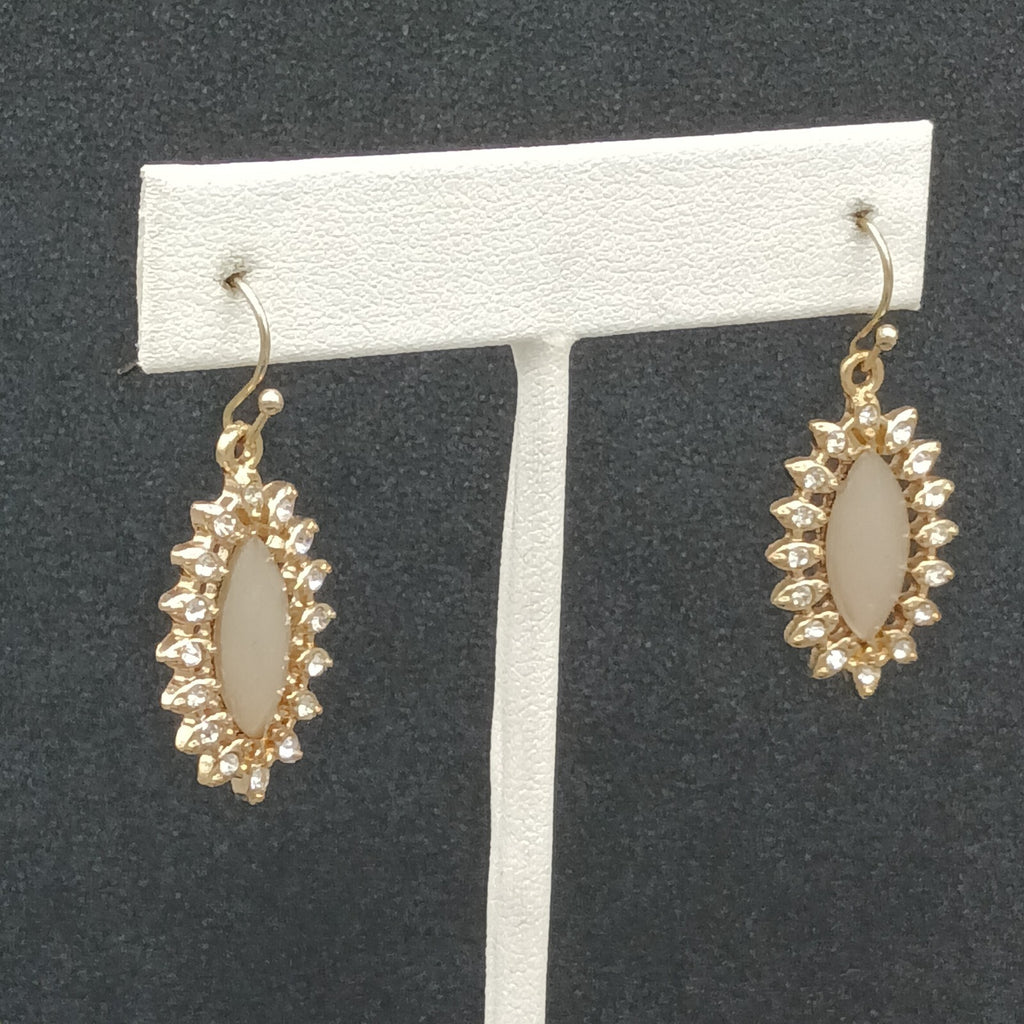 Pierced Earrings Gold tone Acrylic Center Crystal Studded Dangle 1"