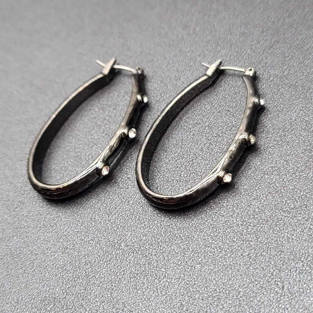 Pierced Earrings Black Metal Crystal Rhinestone Studded Oval Hoops 1 5/8"
