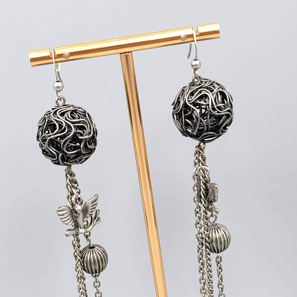 Extra Long Pierced Earrings Dark Gray Metal Bead Charms Dangle Chains 6.5 in