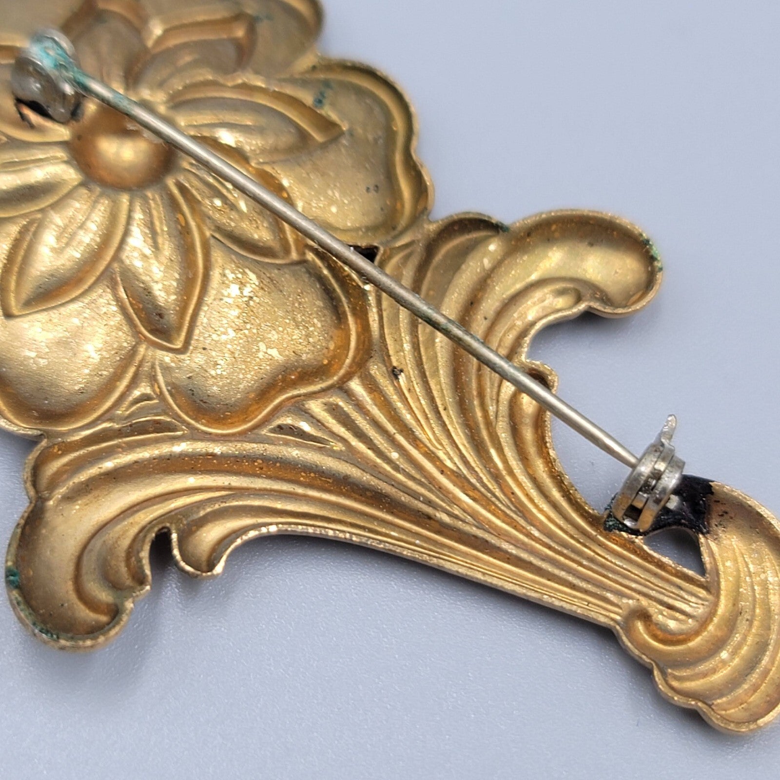 Vintage Flower Brooch Embossed Gold Tone Metal 3 3/8""