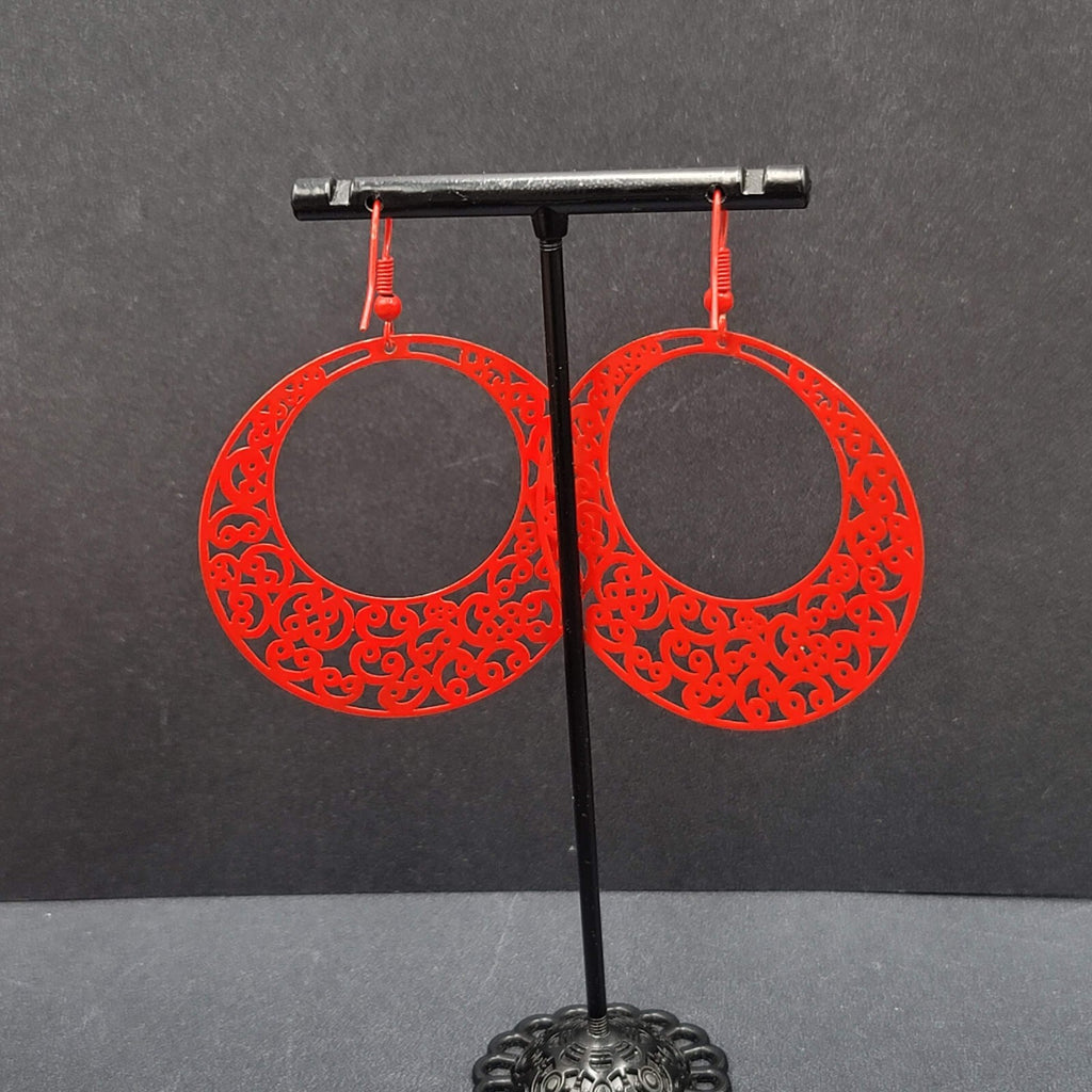 Pierced Earrings Red Enamel Filagree Statement Hoops 2"