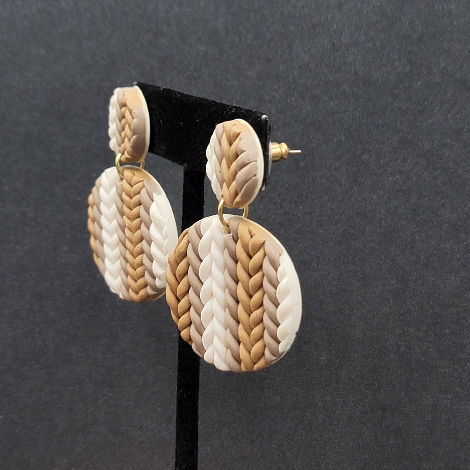 Pierced Earrings Brown White Braided Polymer Dangle 1 7/8"
