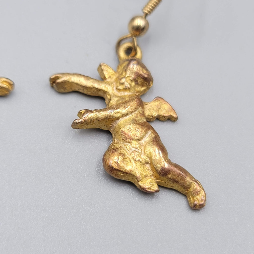 Vintage Cupid Cherub Angel Pierced Earrings Gold tone Dangle 1"