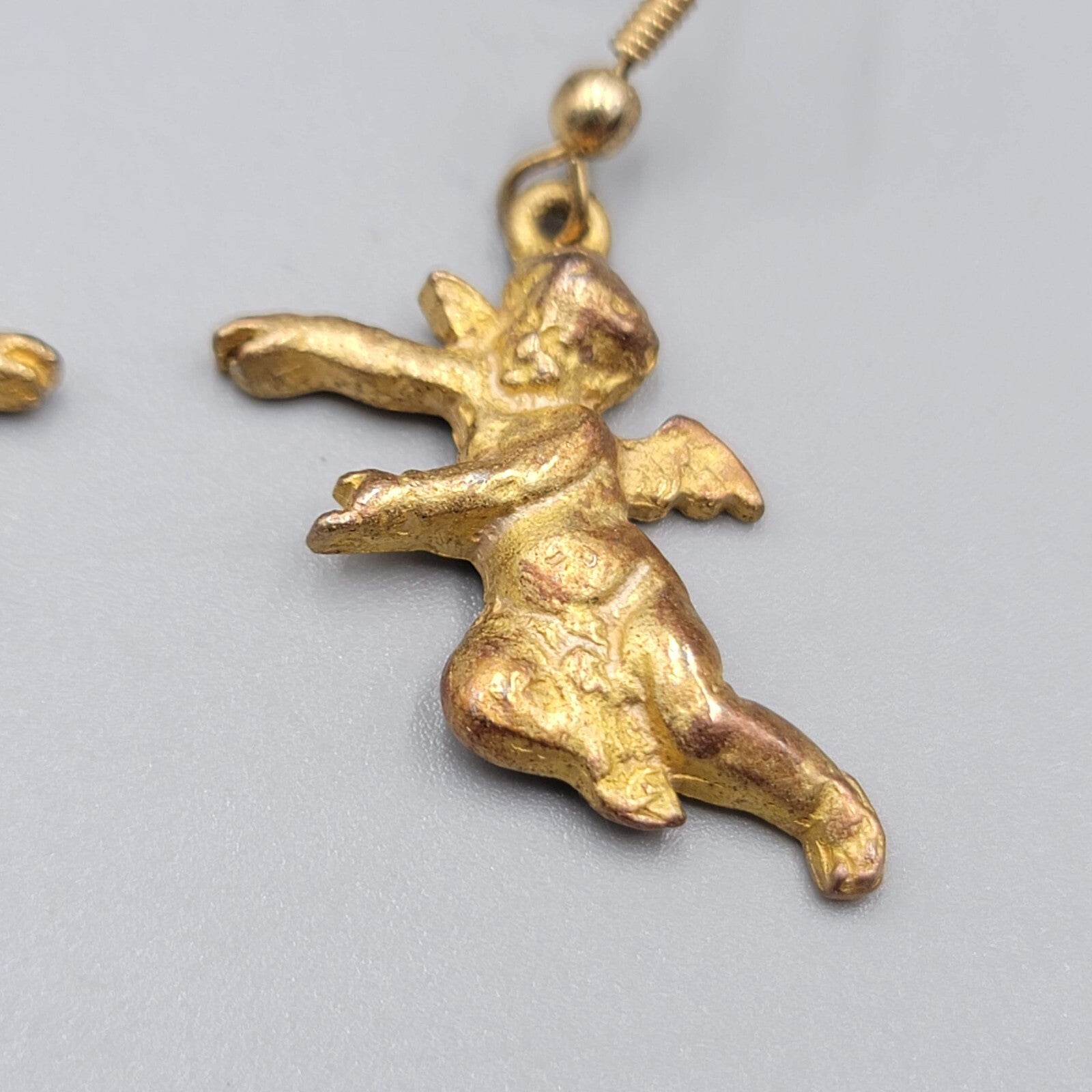 Vintage Cupid Cherub Angel Pierced Earrings Gold tone Dangle 1"