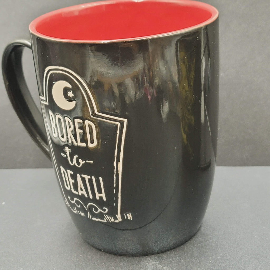 Bored to Death Coffee Mug Extra Black Embossed Dark Red Large 5.25"x4"