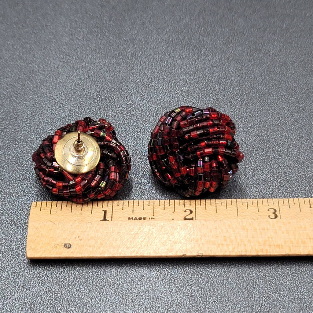 Vintage Pierced Earrings Red Black Seed Bead Cluster Knot 1"