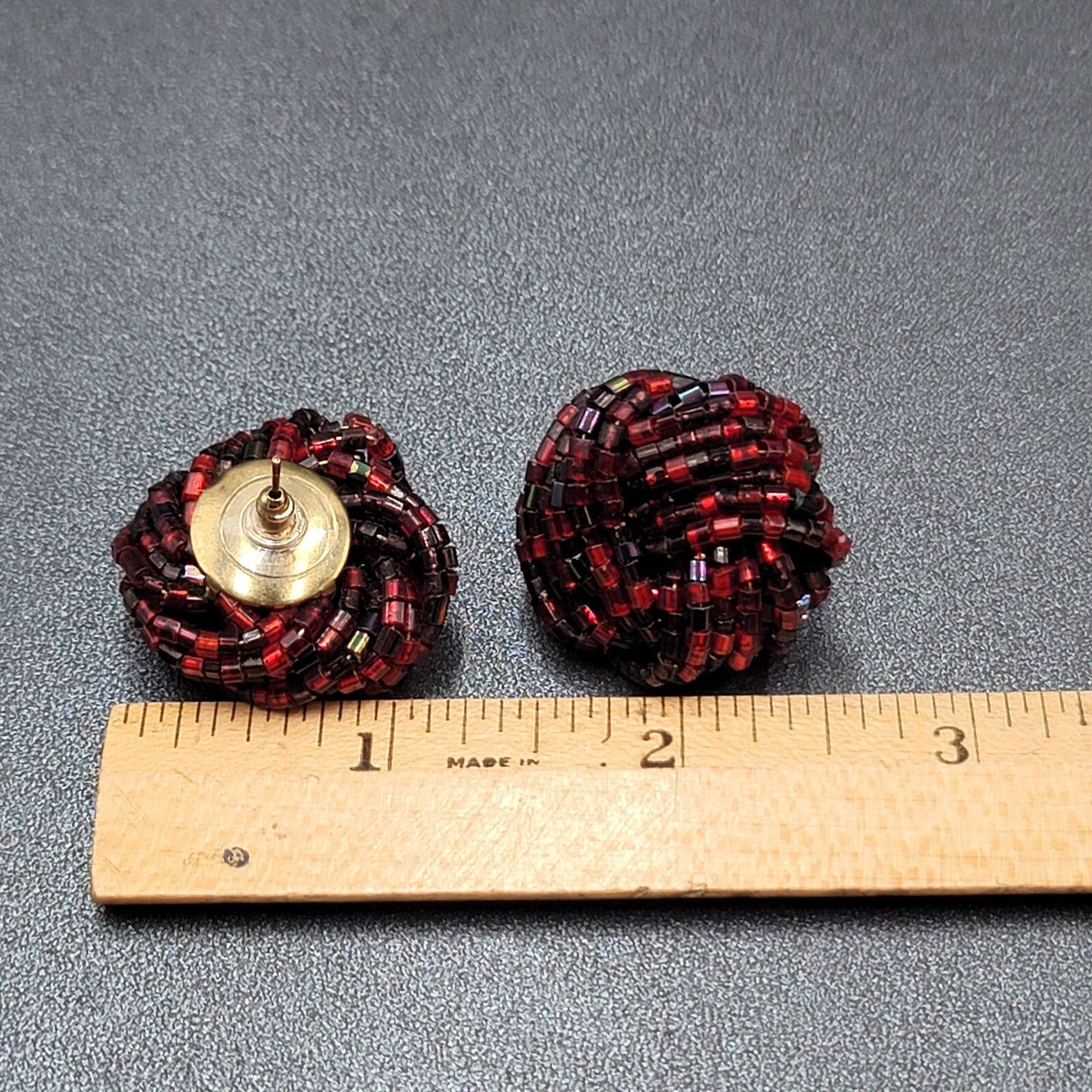 Vintage Pierced Earrings Red Black Seed Bead Cluster Knot 1"