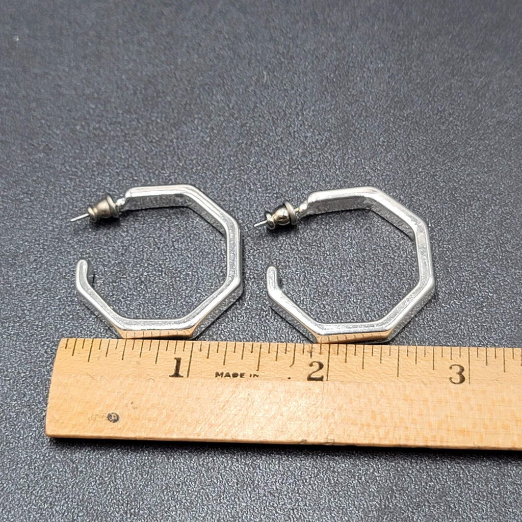 Pierced Earrings Hexagon Silver tone Hoops 1 1/8"