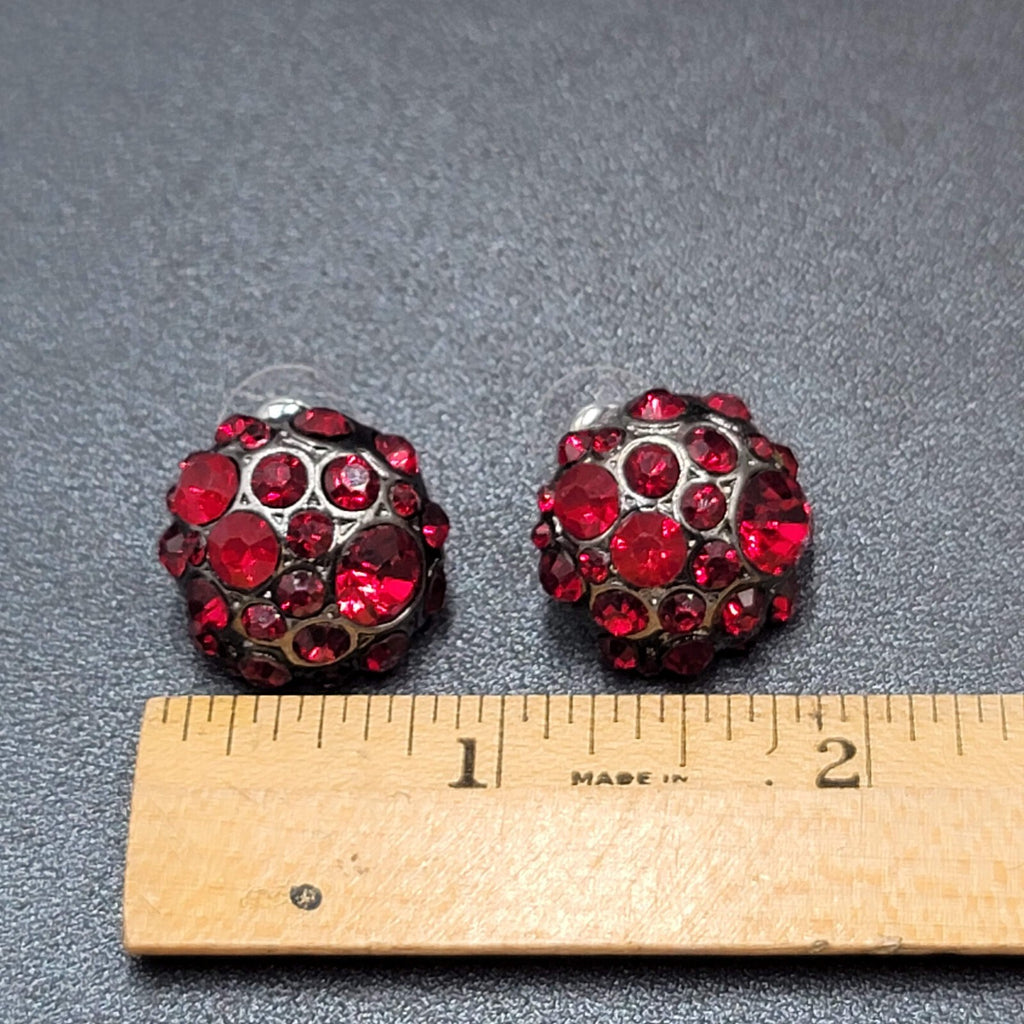 Pierced Earrings Dark Gray Metal Red Rhinestone Dome Drop Studs 3/4"
