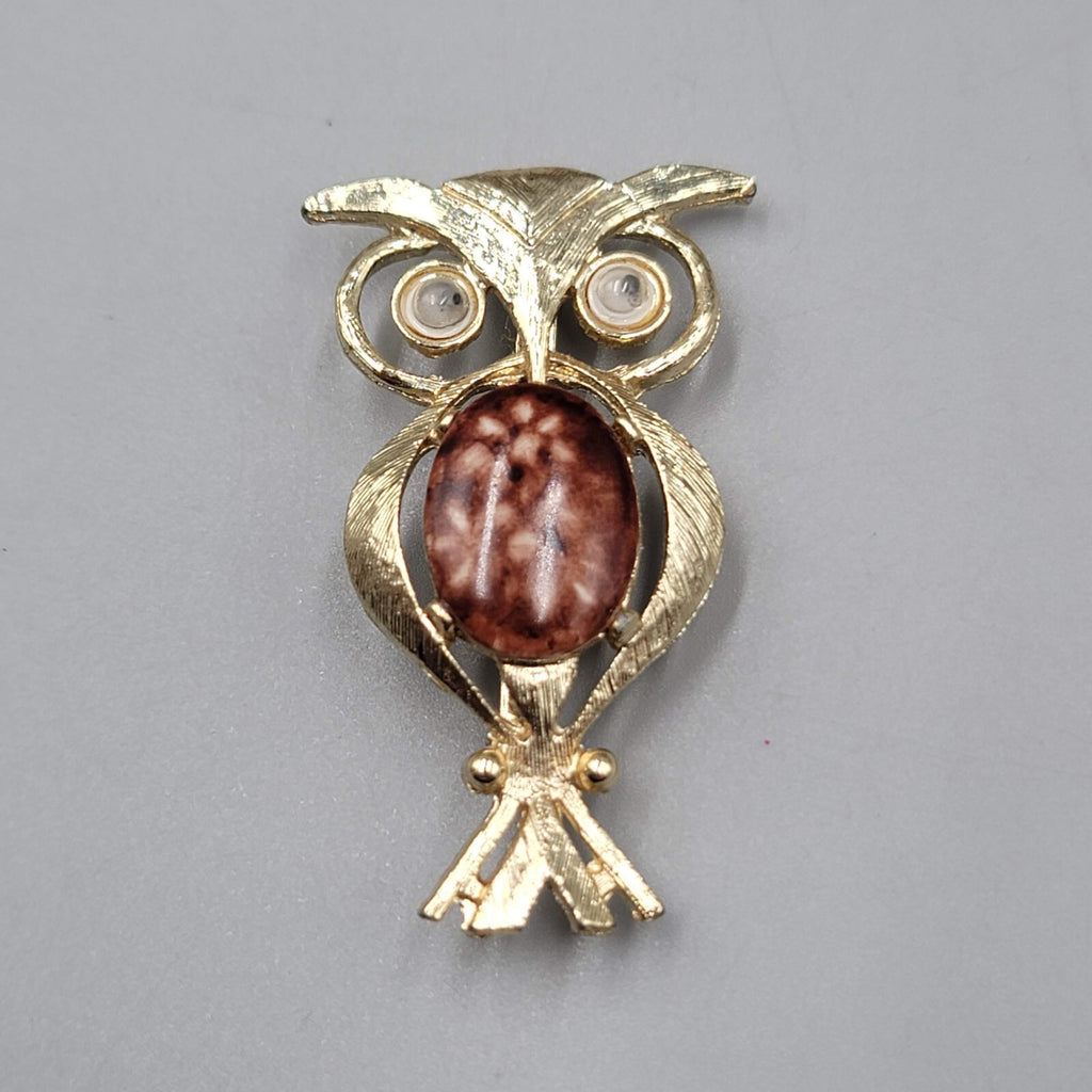 Vintage Owl Brooch Belly With Google Eyes Pin Gold tone 2"