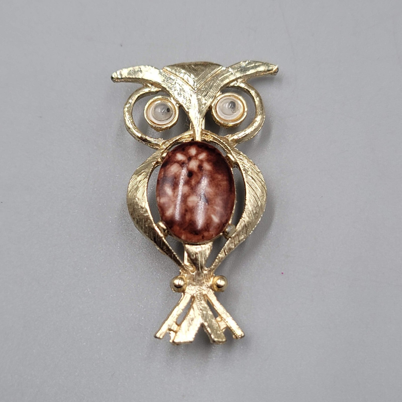 Vintage Owl Brooch Belly With Google Eyes Pin Gold tone 2"