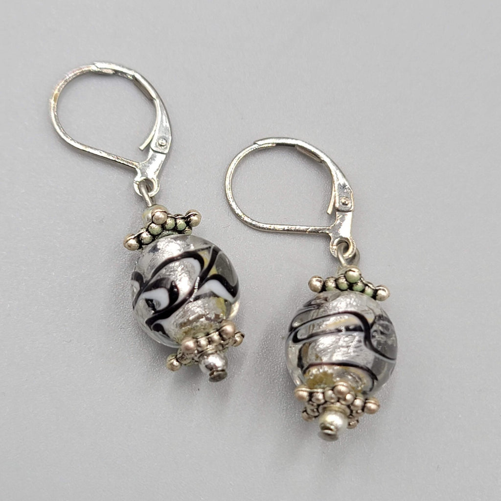 Clear Black Swirl Glass Bead Pierced Earrings Silver tone Dangle 3/4"