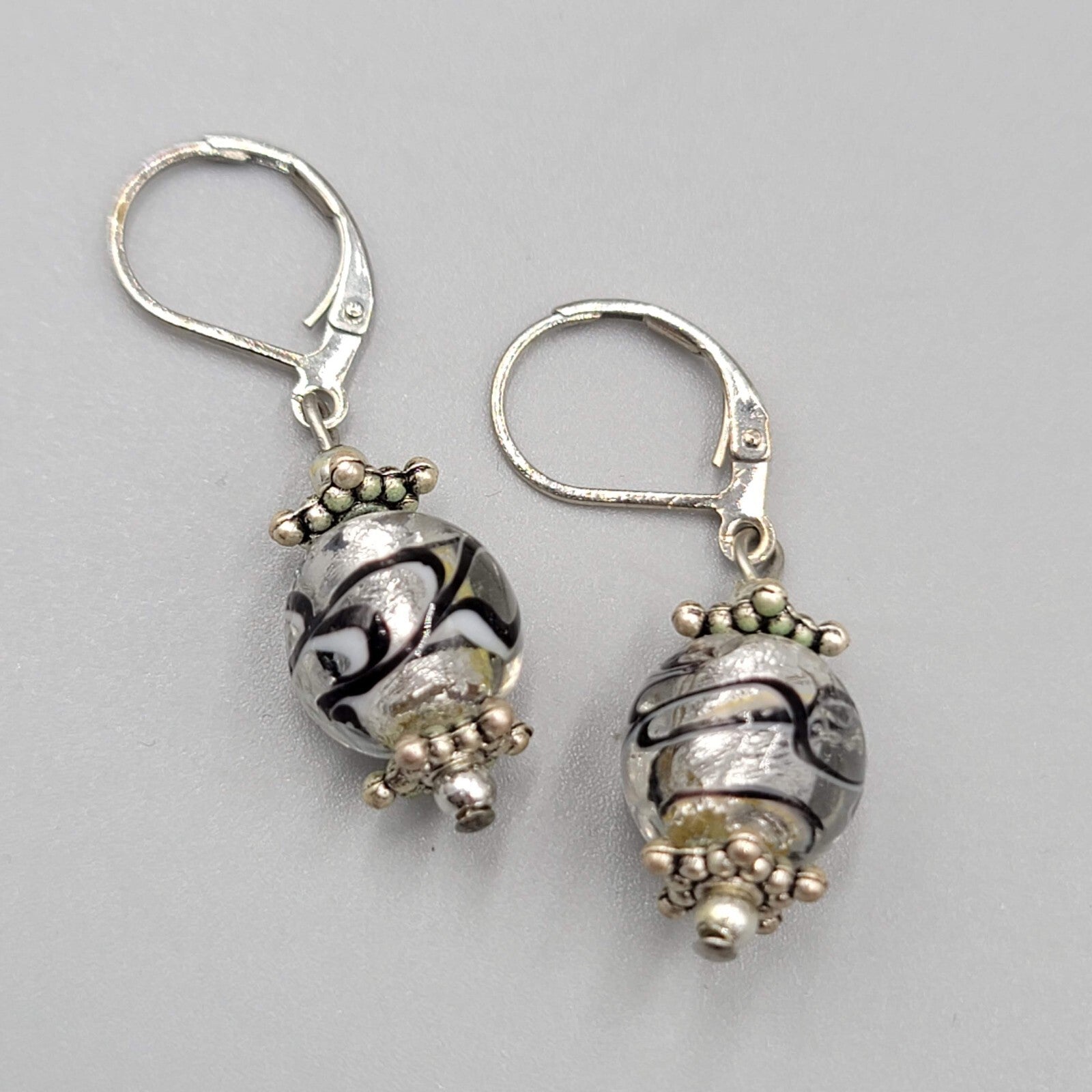 Clear Black Swirl Glass Bead Pierced Earrings Silver tone Dangle 3/4"