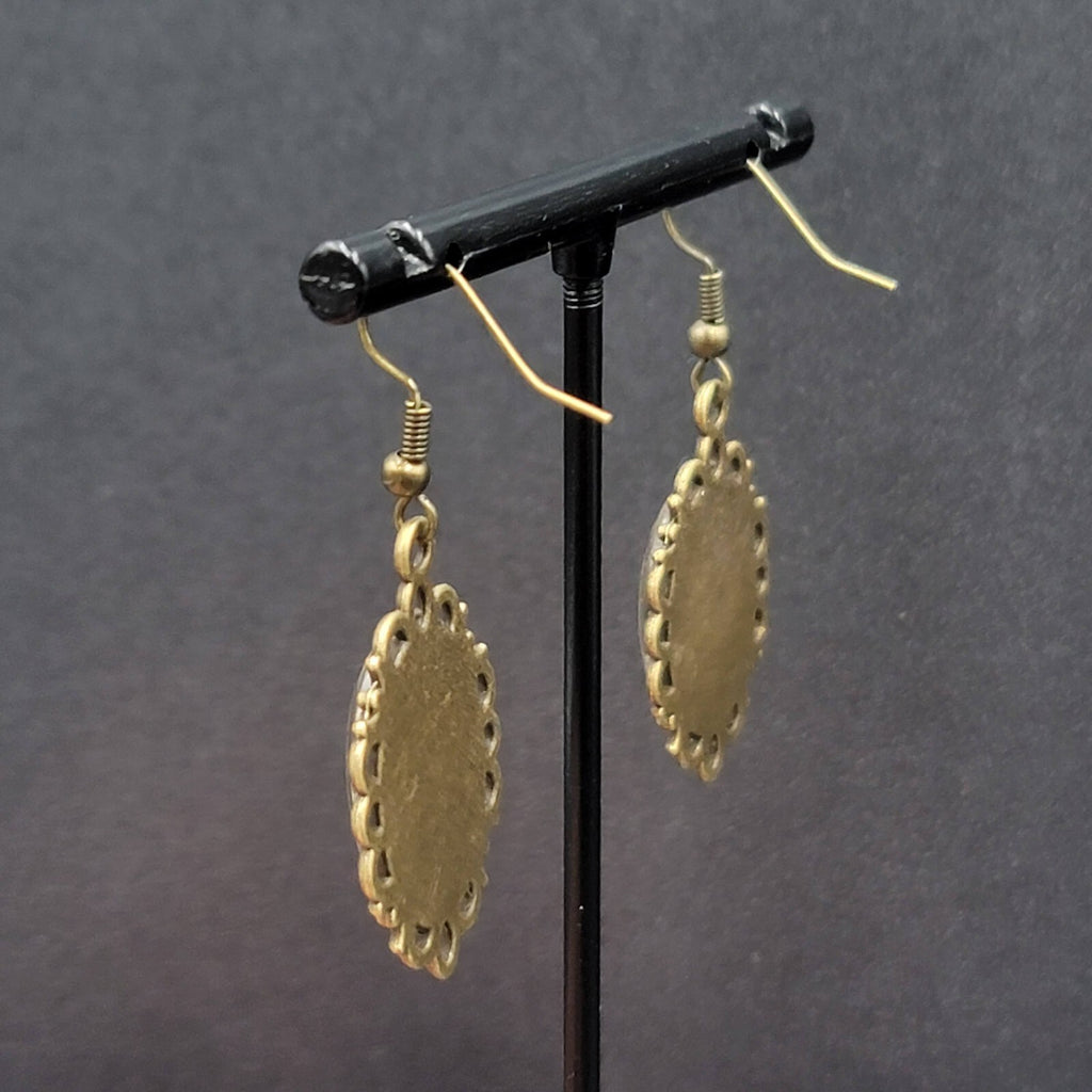 Pierced Earrings Bronze tone Glass Cabochon Updo Ladies Antique Drawings 1.25"
