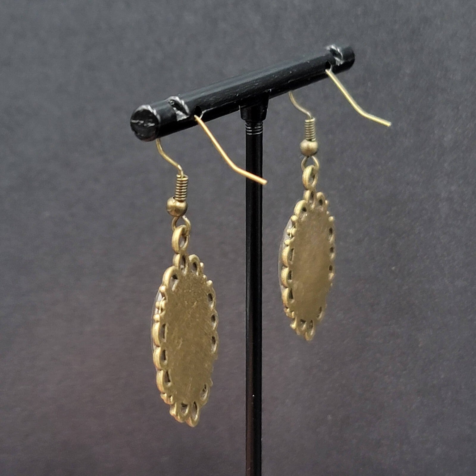 Pierced Earrings Bronze tone Glass Cabochon Updo Ladies Antique Drawings 1.25"