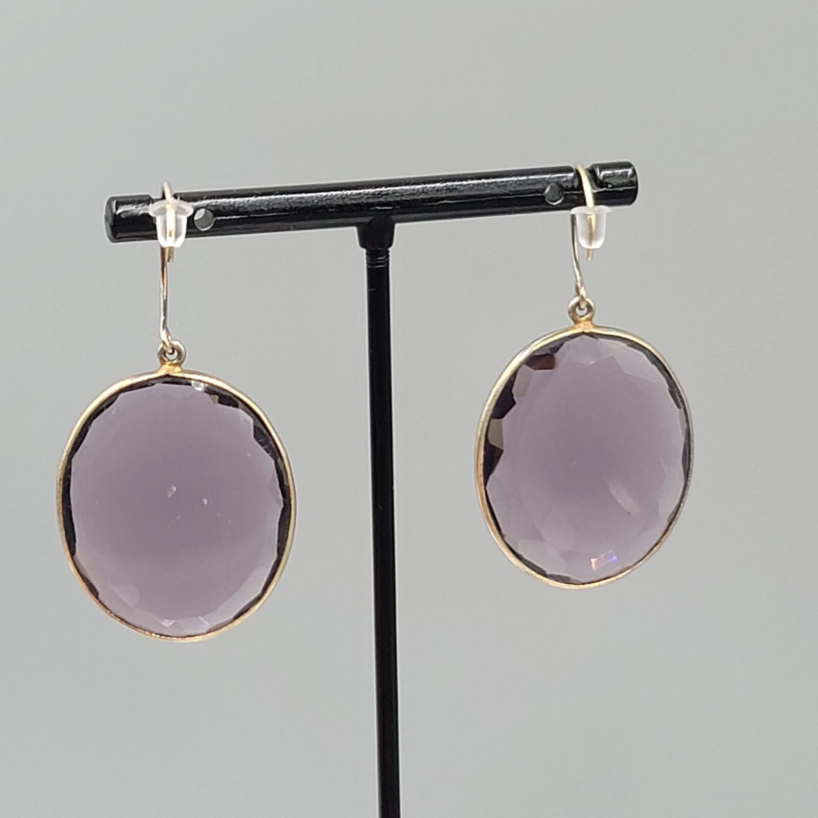 Pierced Earrings Gold tone Large Purple Faceted Glass Oval Dangle 1 3/8"