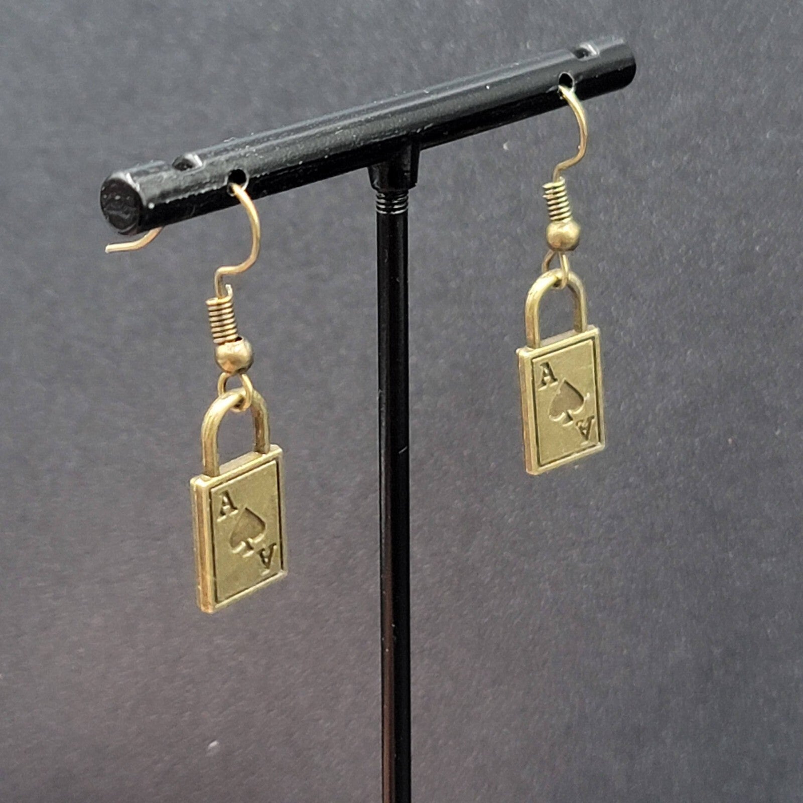 Ace of Spades Pierced Earrings Bronze tone Dangle 3/4"