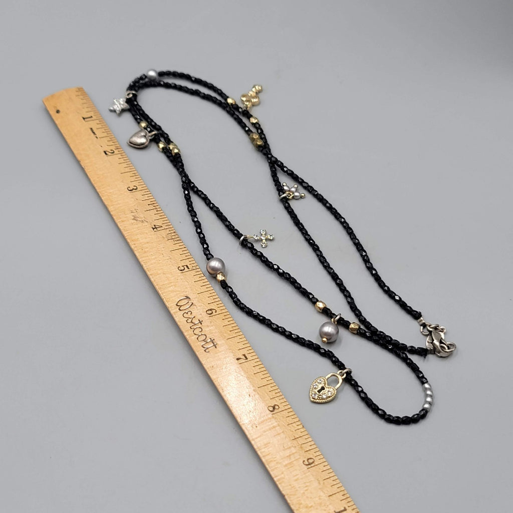 AEO American Eagle Outfitters Necklace Black Seed Bead Gold tone Charms Long 36"