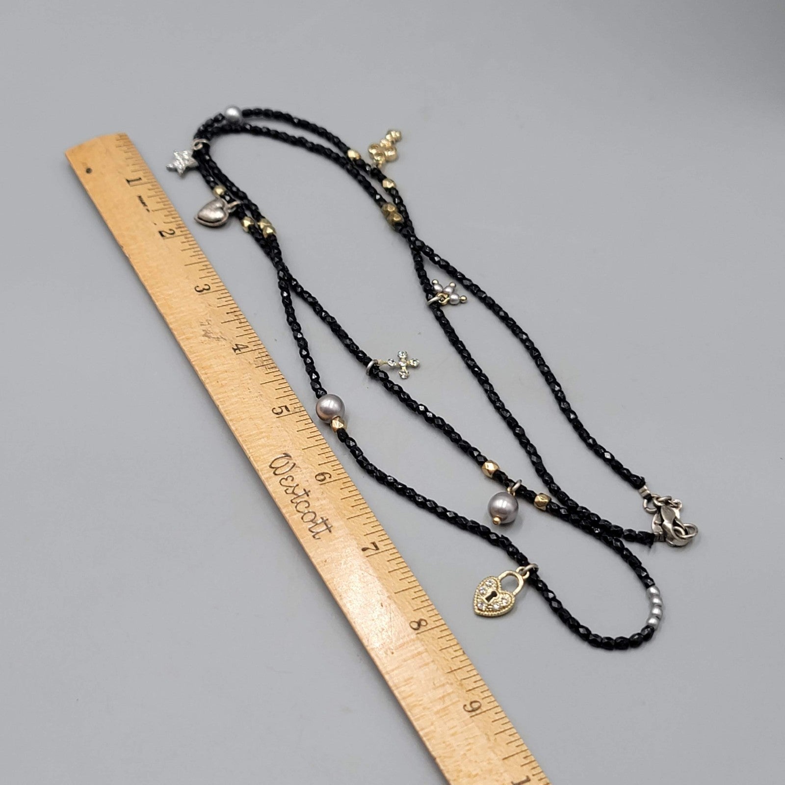 AEO American Eagle Outfitters Necklace Black Seed Bead Gold tone Charms Long 36"