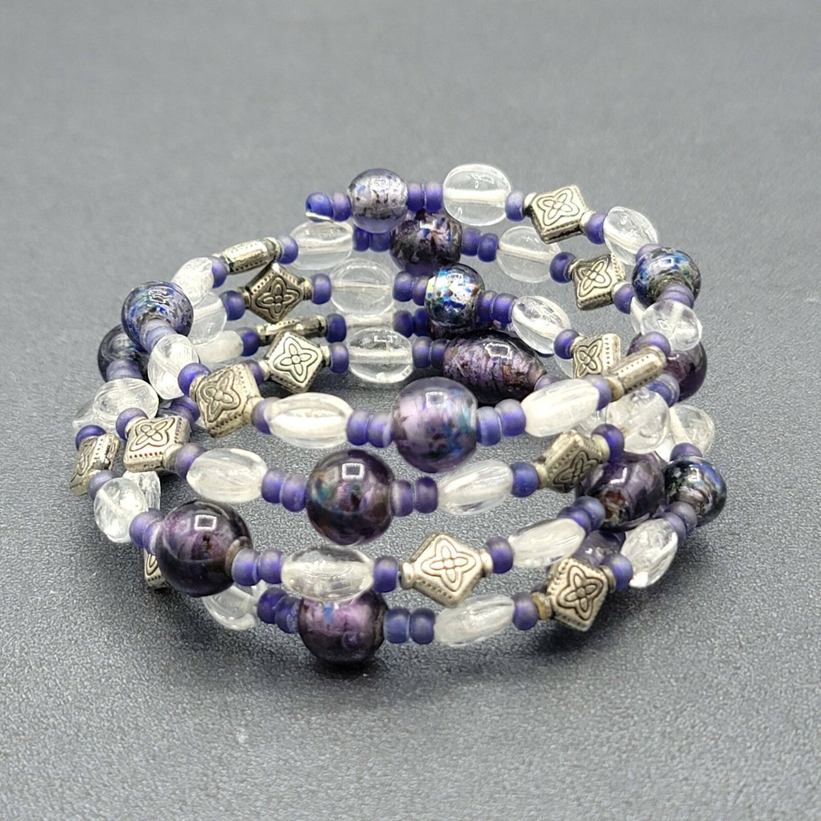 Memory Wire Bracelet Purple Silver tone Clear Glass Beads 