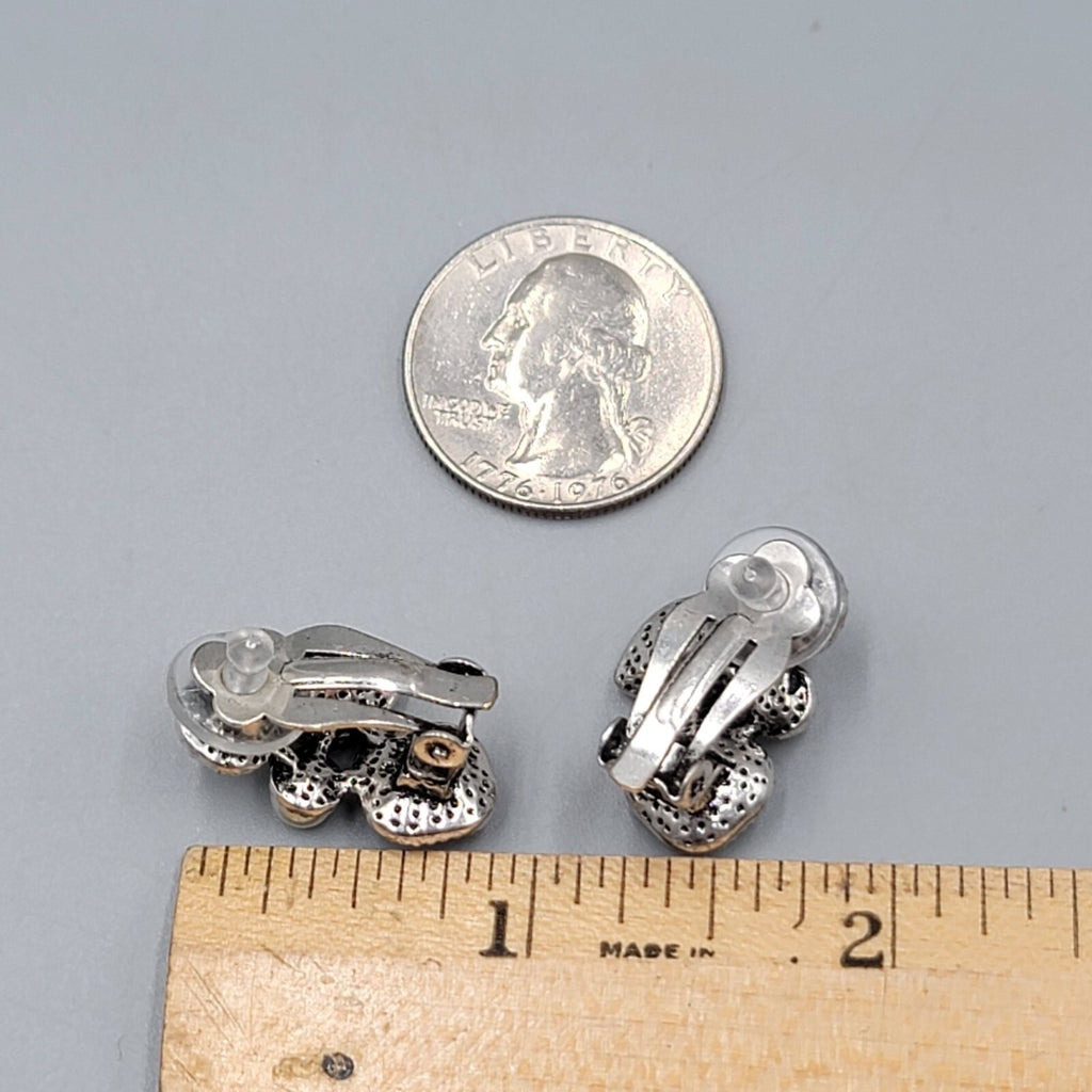 Modern  Clip on Earrings Gray Clear Crystal Dark Silver tone Drop 7/8"