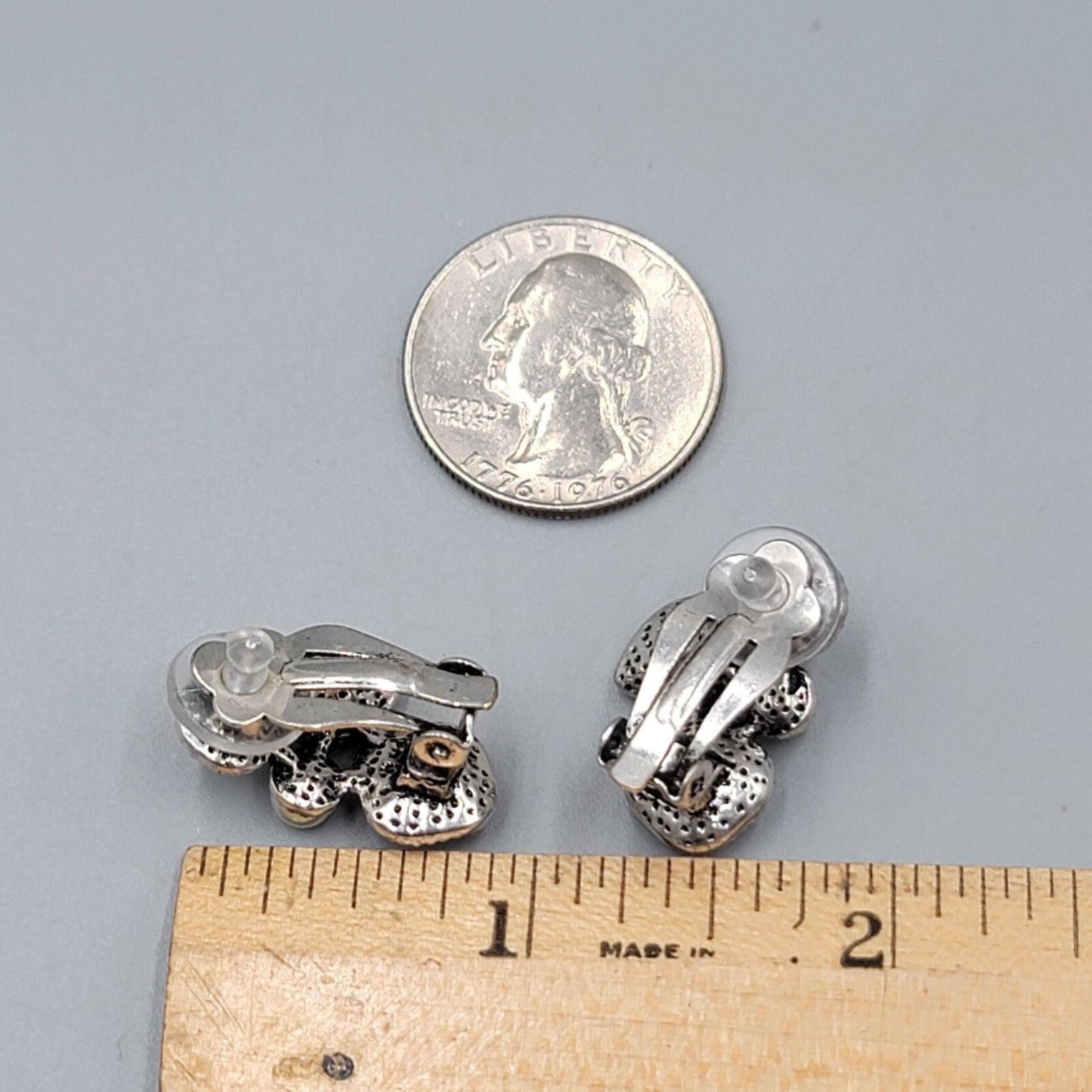 Modern  Clip on Earrings Gray Clear Crystal Dark Silver tone Drop 7/8"