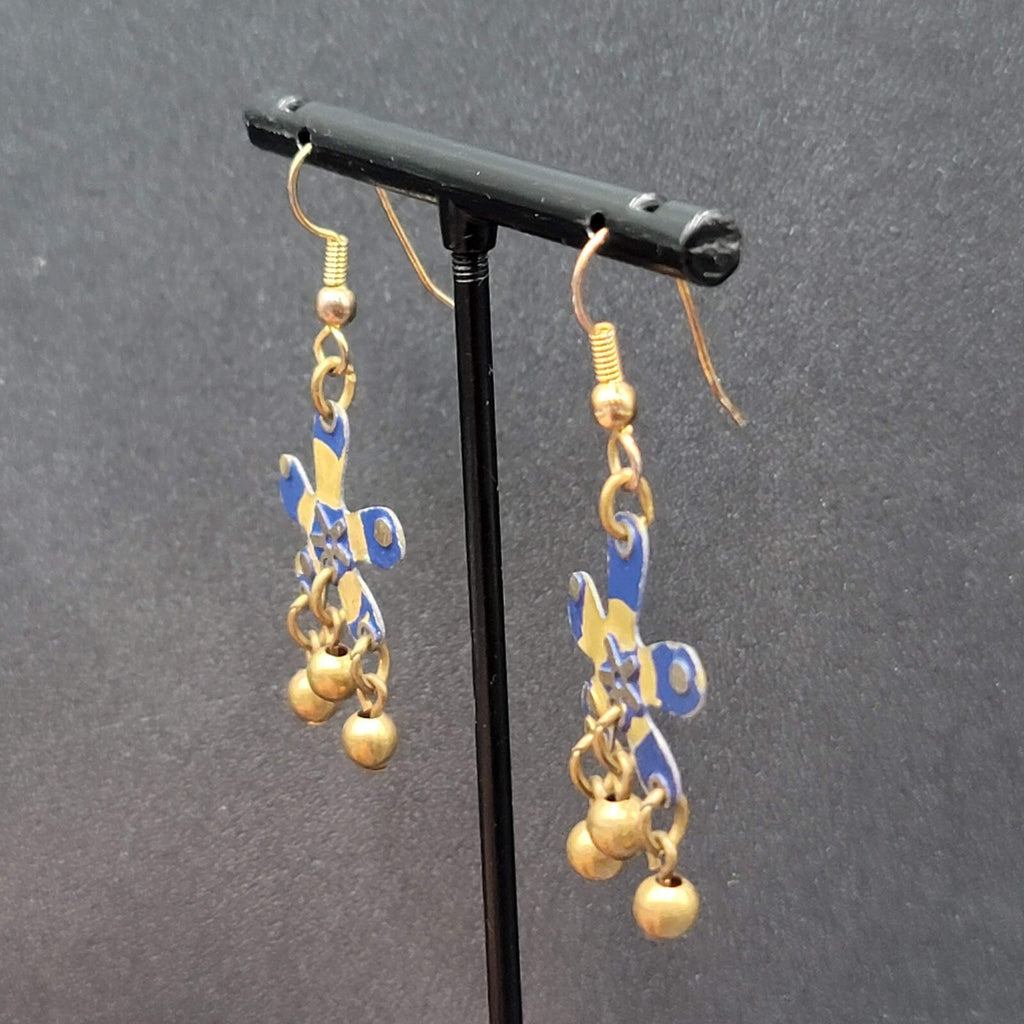 Pierced Earrings Brass Flower Blue Enamel Dangle 1.25"