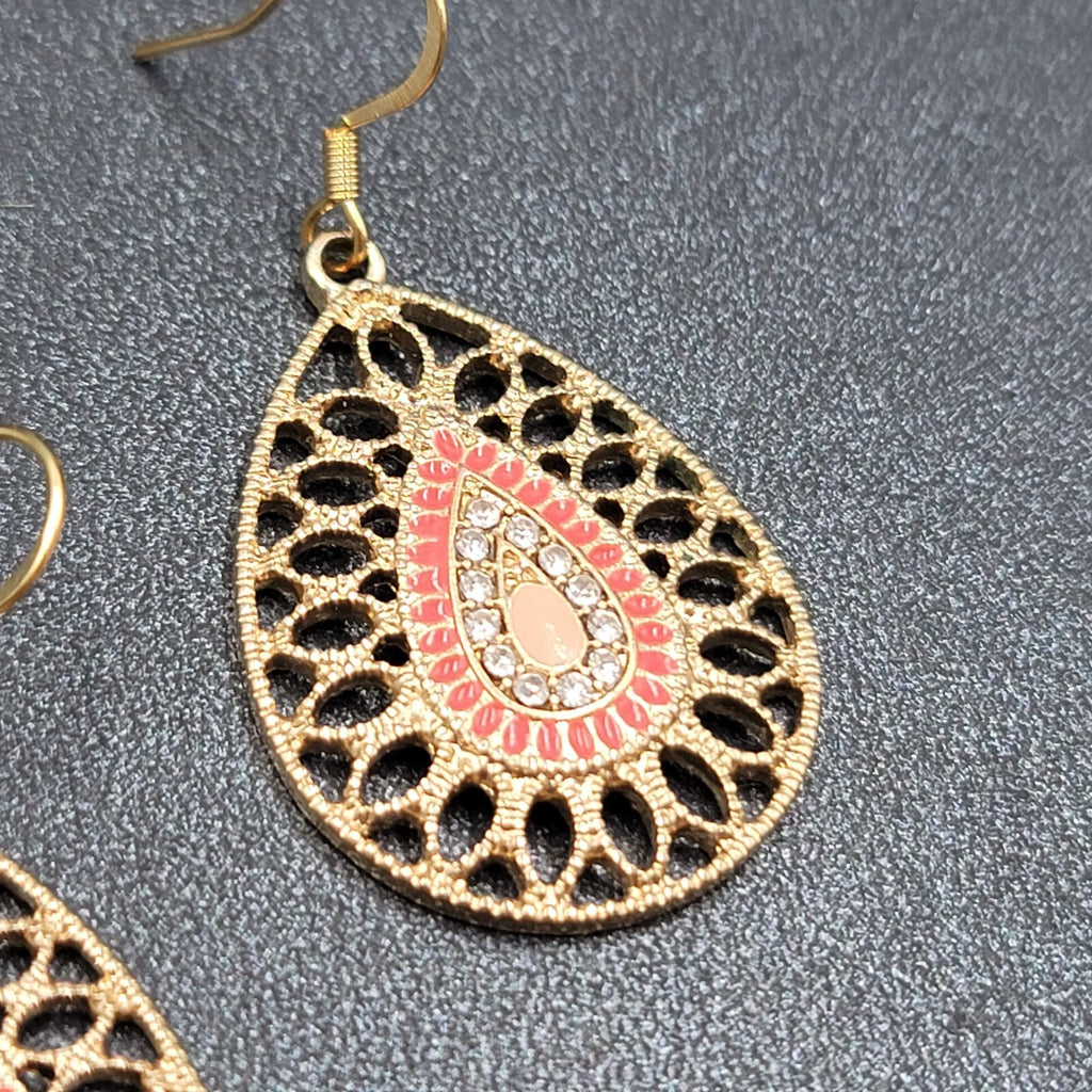 Pierced Earrings Gold tone Teardrop Rhinestone Enamel Dangle 1.25"