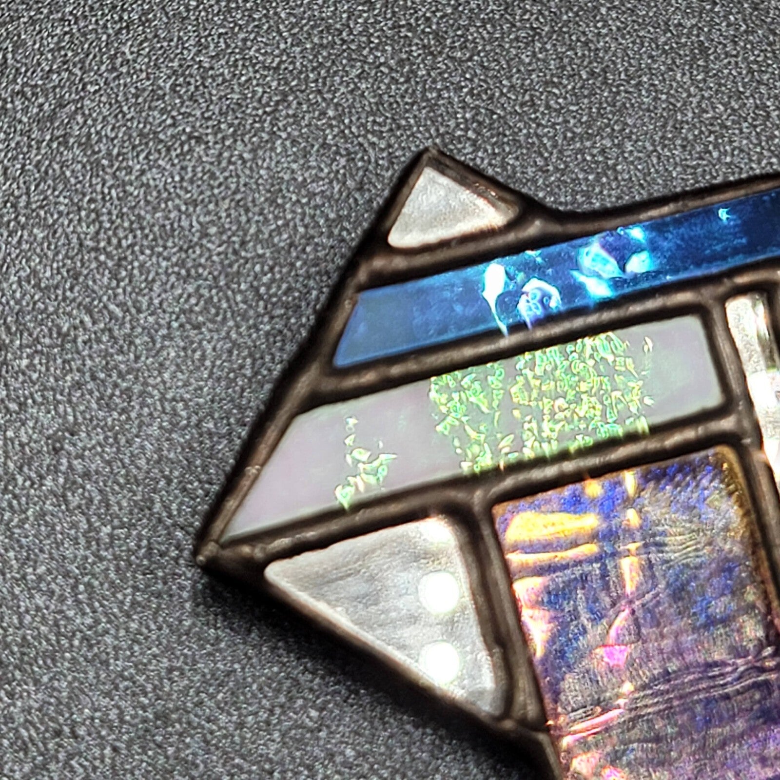 Vintage Stained Glass Brooch Mirror Abstract Lead Handmade 2.25"
