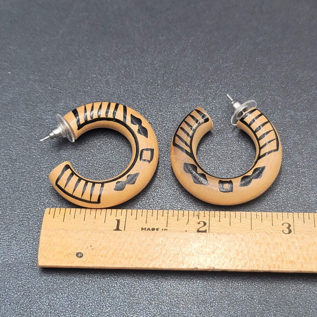 Vintage Pierced Earrings Wood Hoops Hand Painted Black 1 3/8"
