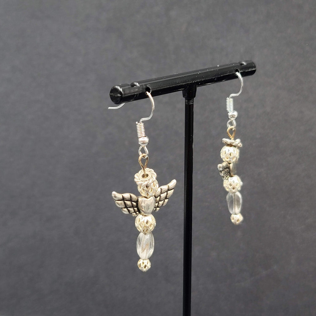 Vintage Angel Pierced Earrings Silver tone Bead Dangle 1.5"