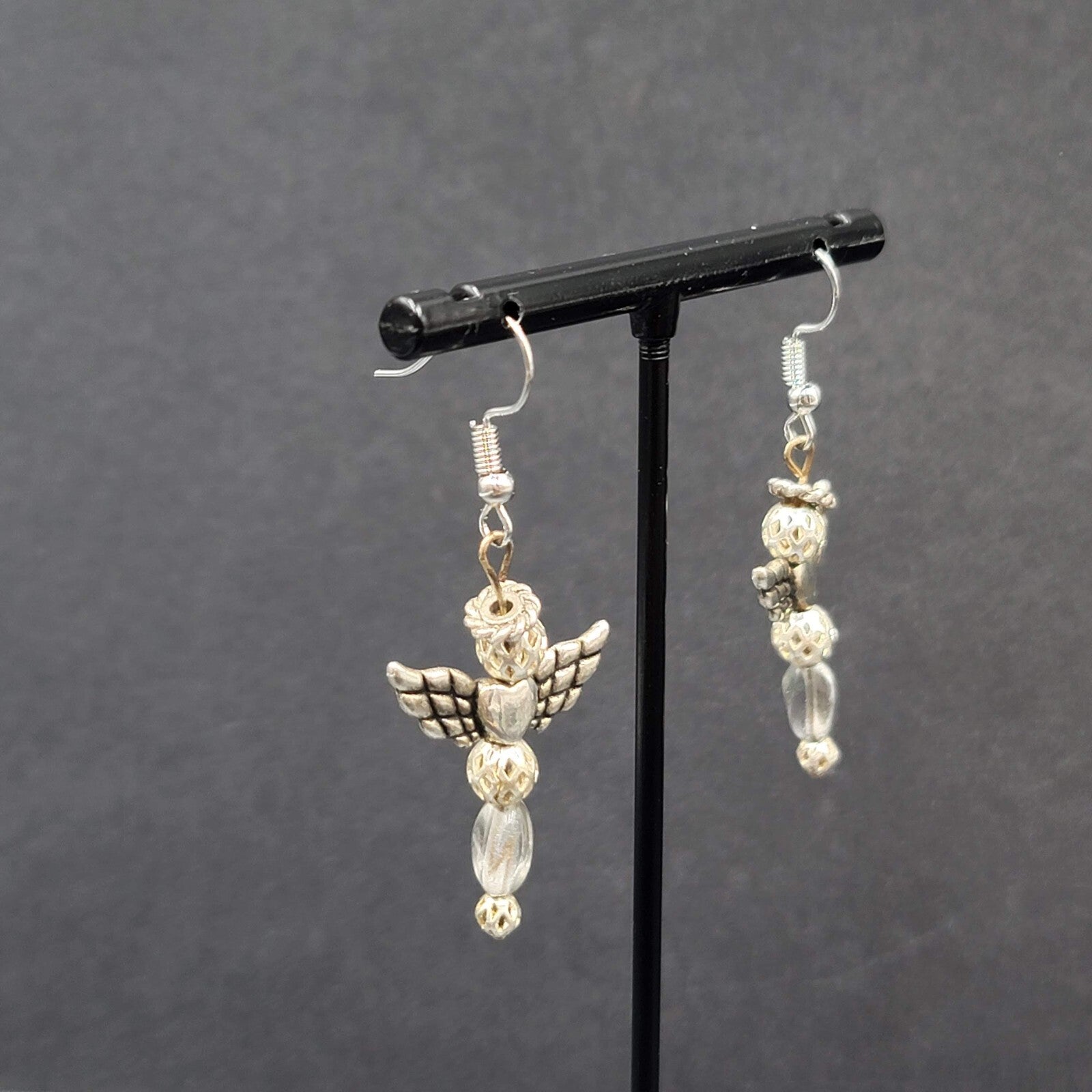 Vintage Angel Pierced Earrings Silver tone Bead Dangle 1.5"