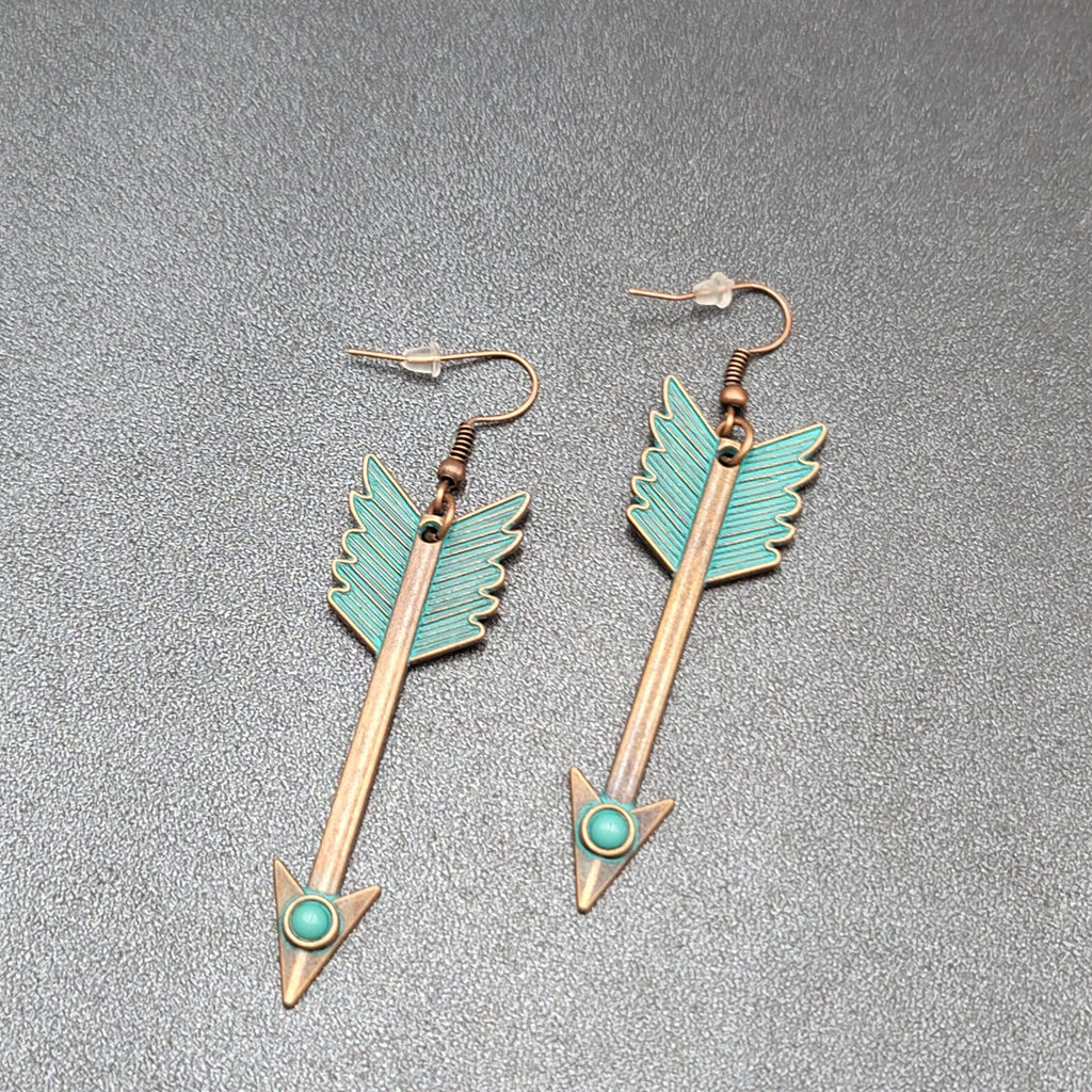 New Boho Pierced Earrings Copper tone Green Enamel Arrow Dangle 2.25"