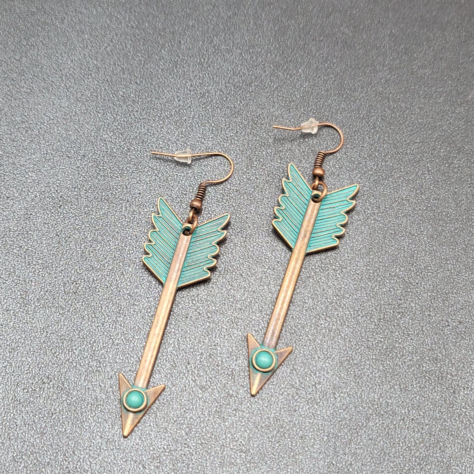 New Boho Pierced Earrings Copper tone Green Enamel Arrow Dangle 2.25"