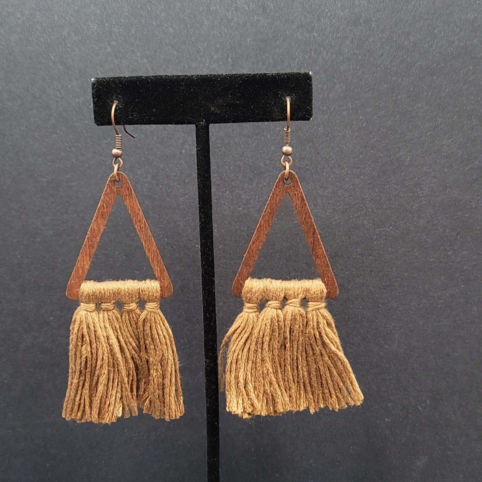 New Boho Pierced Earrings Wood Triangle Gold Brown Tassel Statement 3"