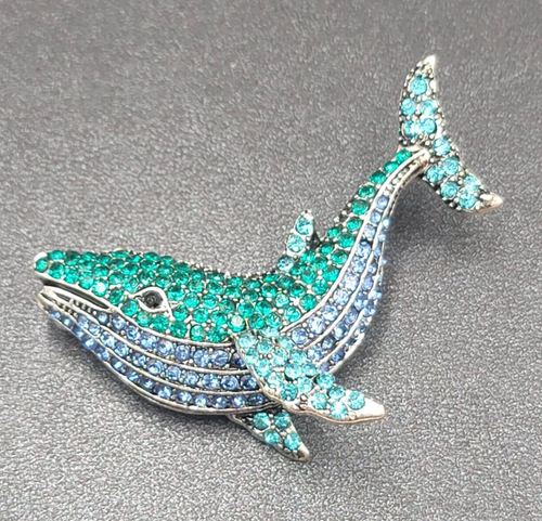 Crystal Rhinestone Brooch Blue Whale Sea life Silver tone 2"