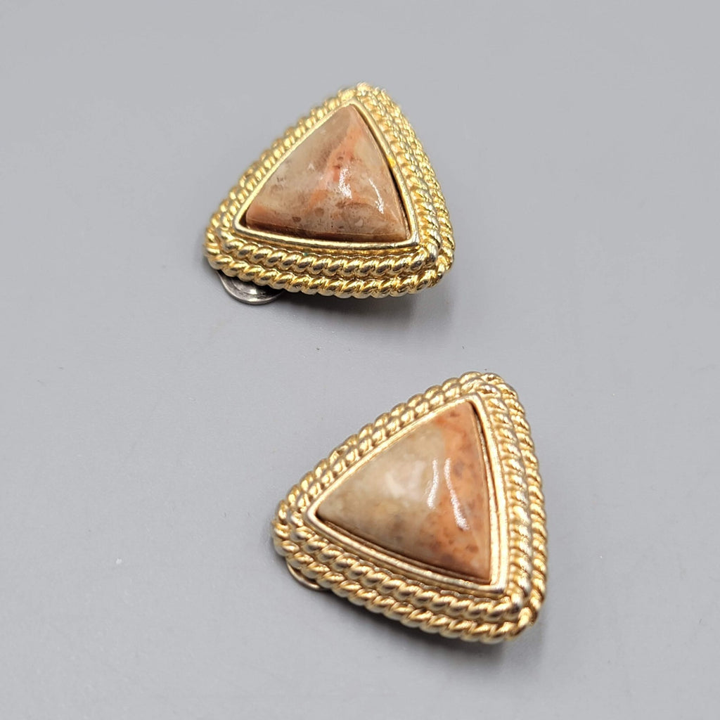 Vintage Triangle Clip on Earrings Gold tone Imitation Stone Center 7/8"