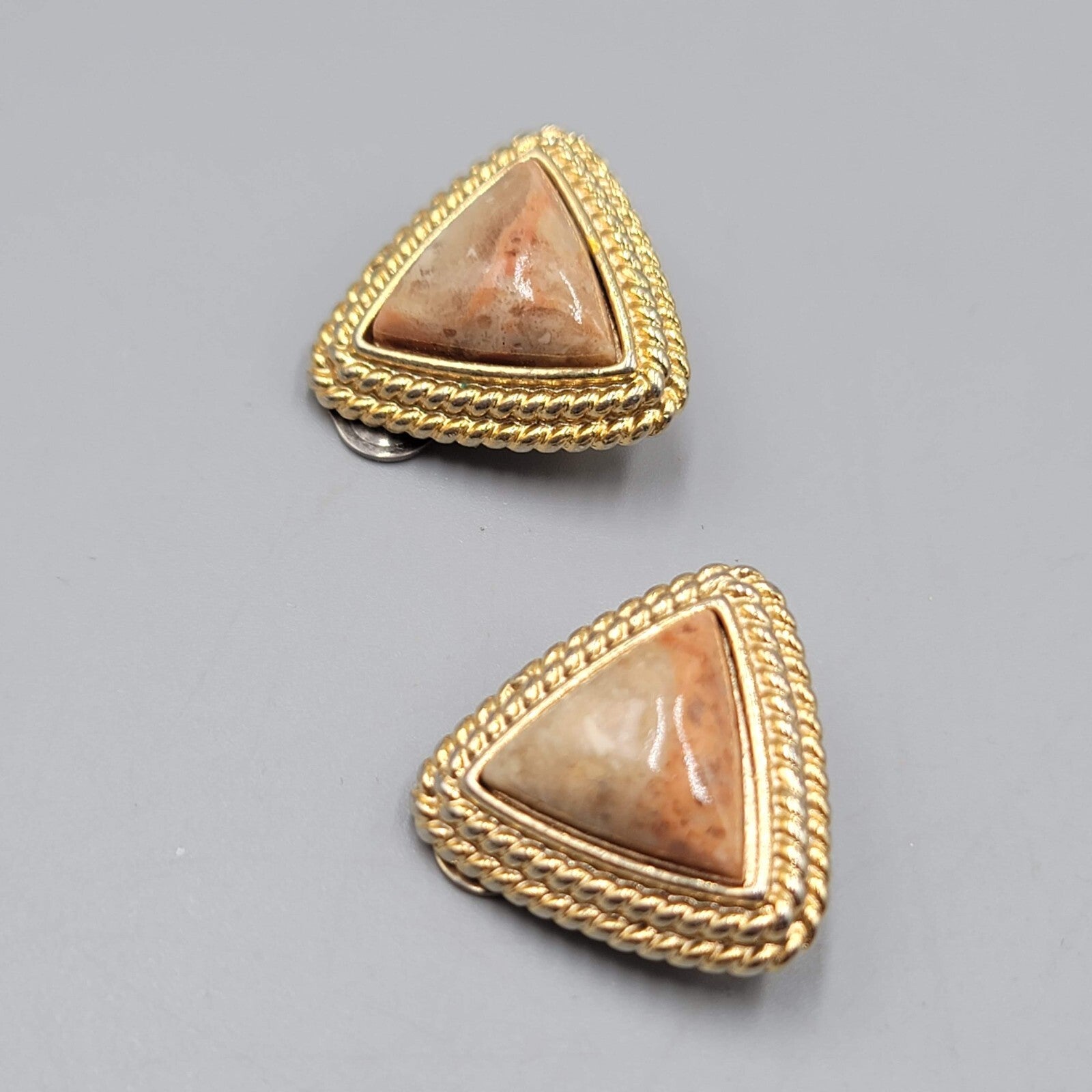 Vintage Triangle Clip on Earrings Gold tone Imitation Stone Center 7/8"