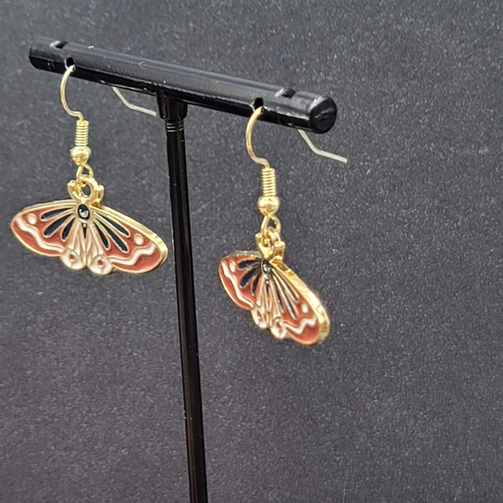 Moth Pierced Earrings Gold tone Brown Black Enamel Dangle 1/2"