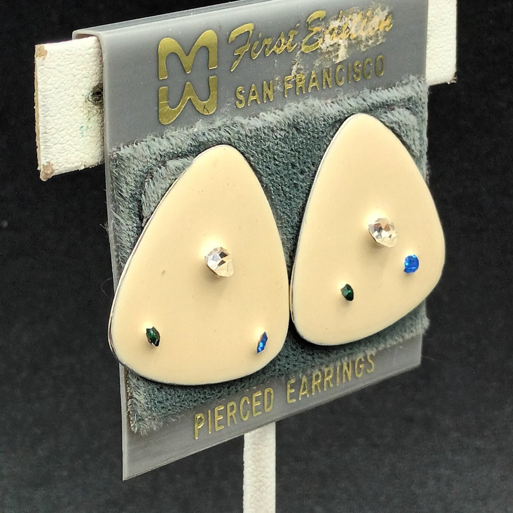 Vintage Pierced Earrings White Enamel Blue Clear Crystal Accent Triangle  1"
