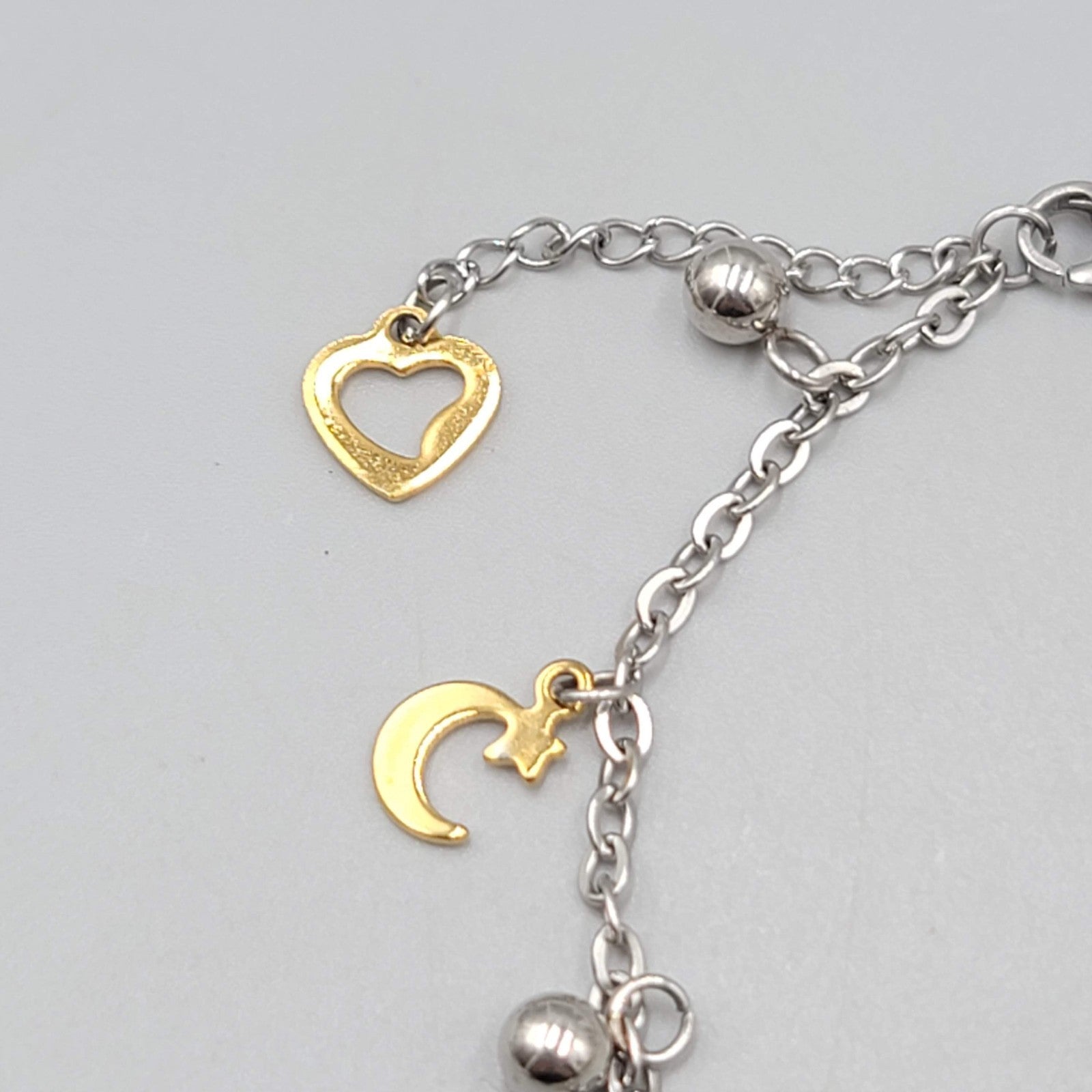 Moon Charm Bracelet Silver tone Chain Gold tone Charms 6.5" - 7.5" Adj