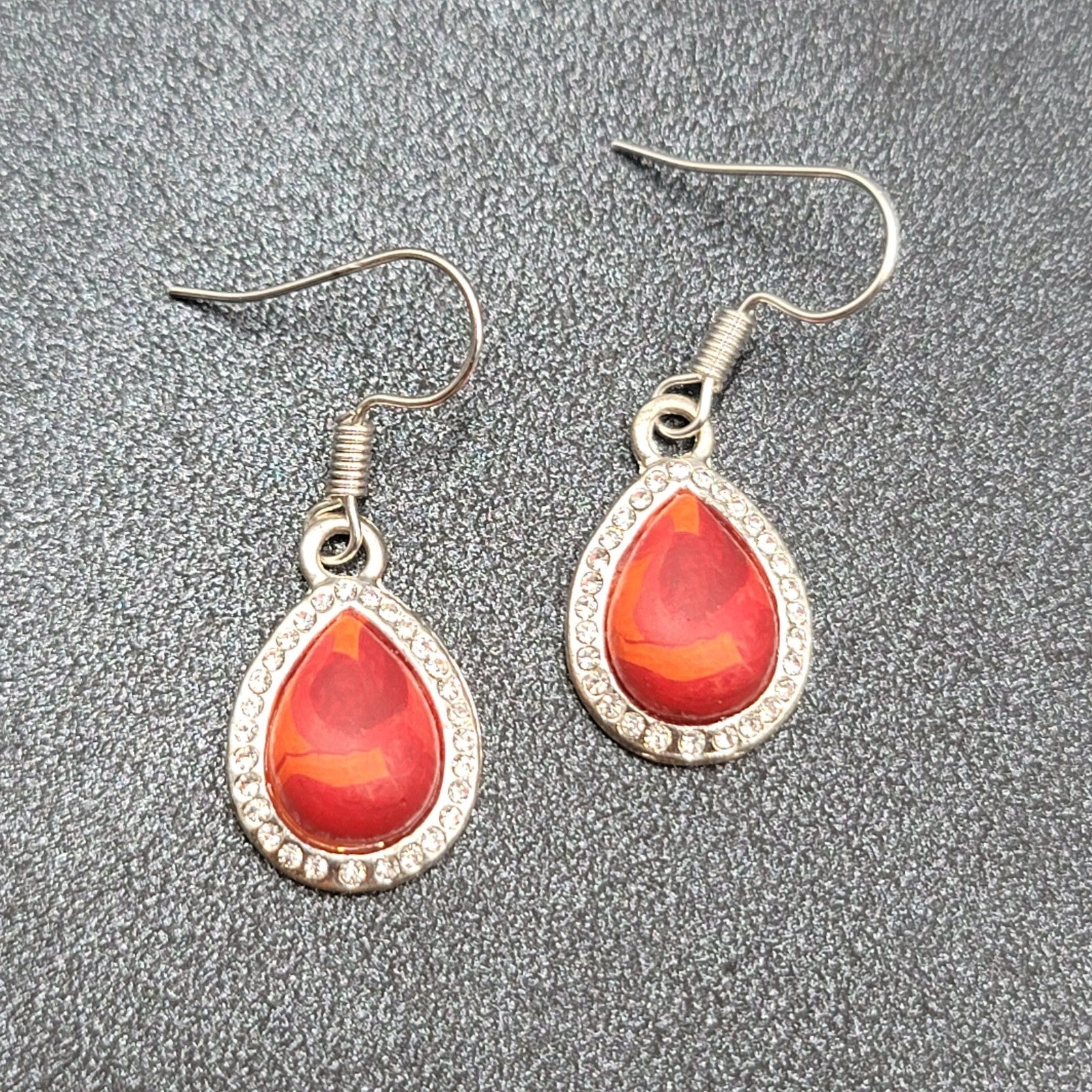 Pierced Earrings Silver tone Red Orange Polymer Clay Teardrop Rhinestone 3/4"