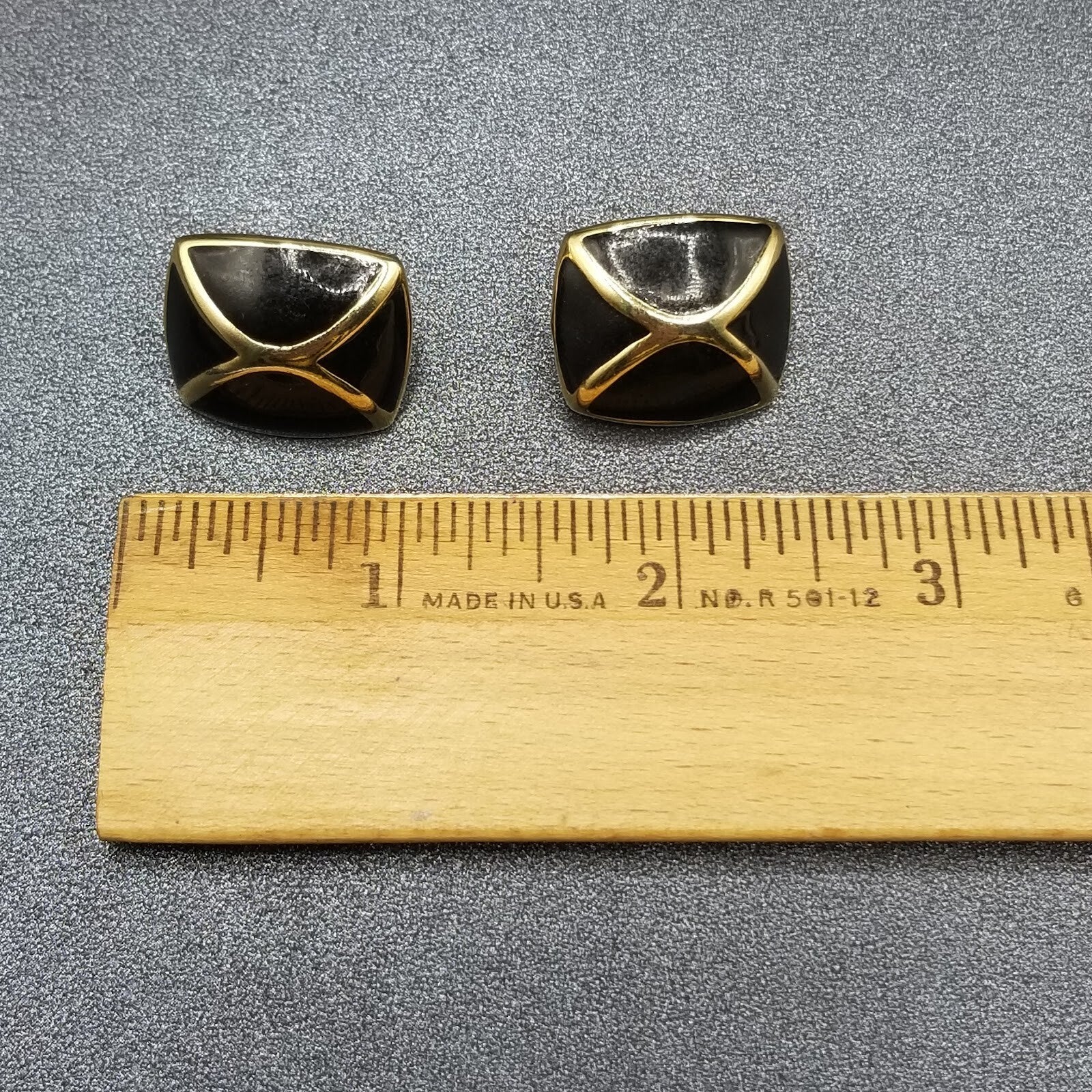 Vintage Clip on Earrings Gold tone Black Enamel Geometric Drop Stud 1"
