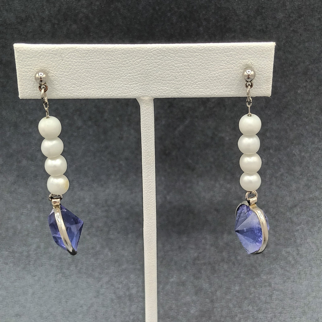 Vintage Pierced Earrings Purple Acrylic Heart Beaded Dangle 2"