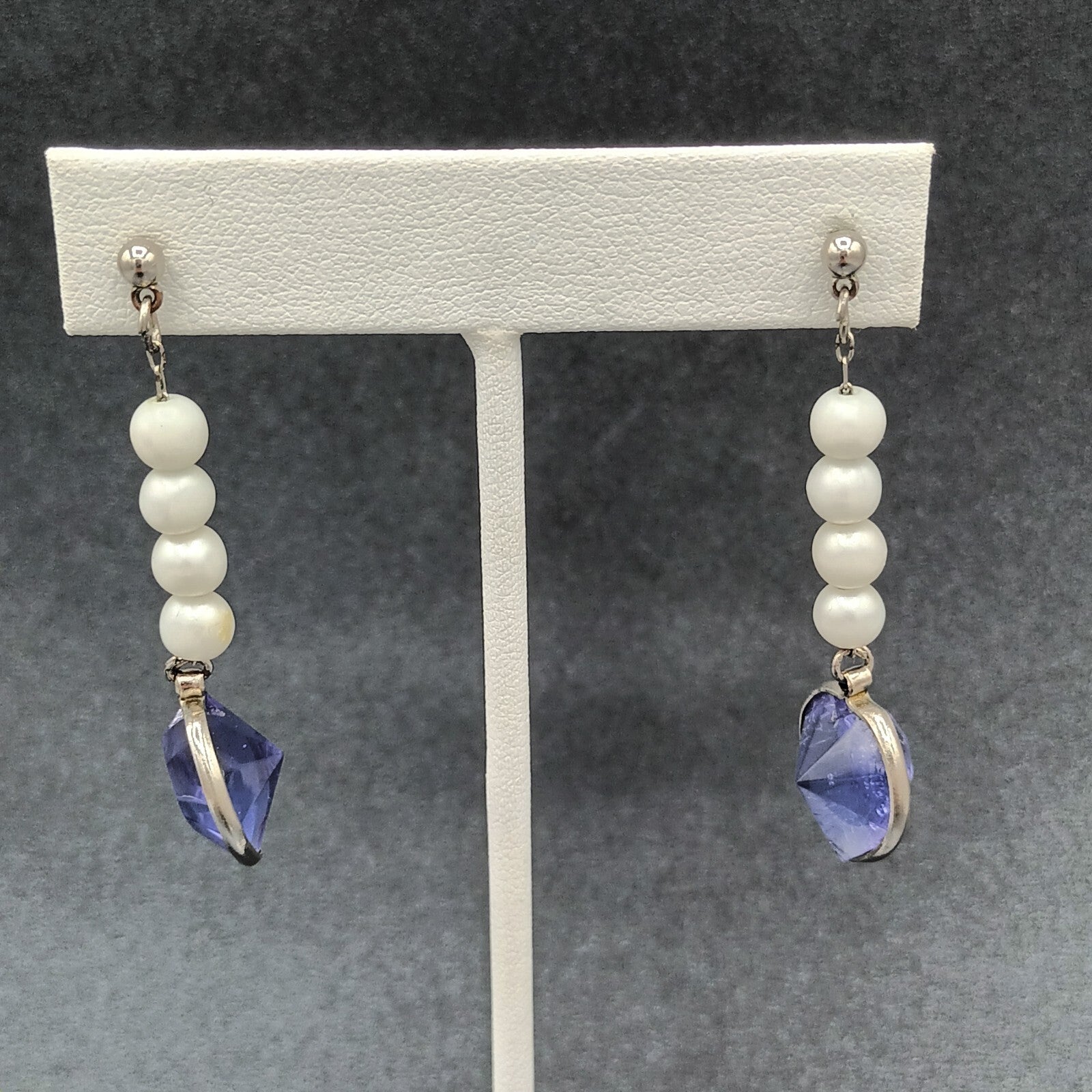 Vintage Pierced Earrings Purple Acrylic Heart Beaded Dangle 2"