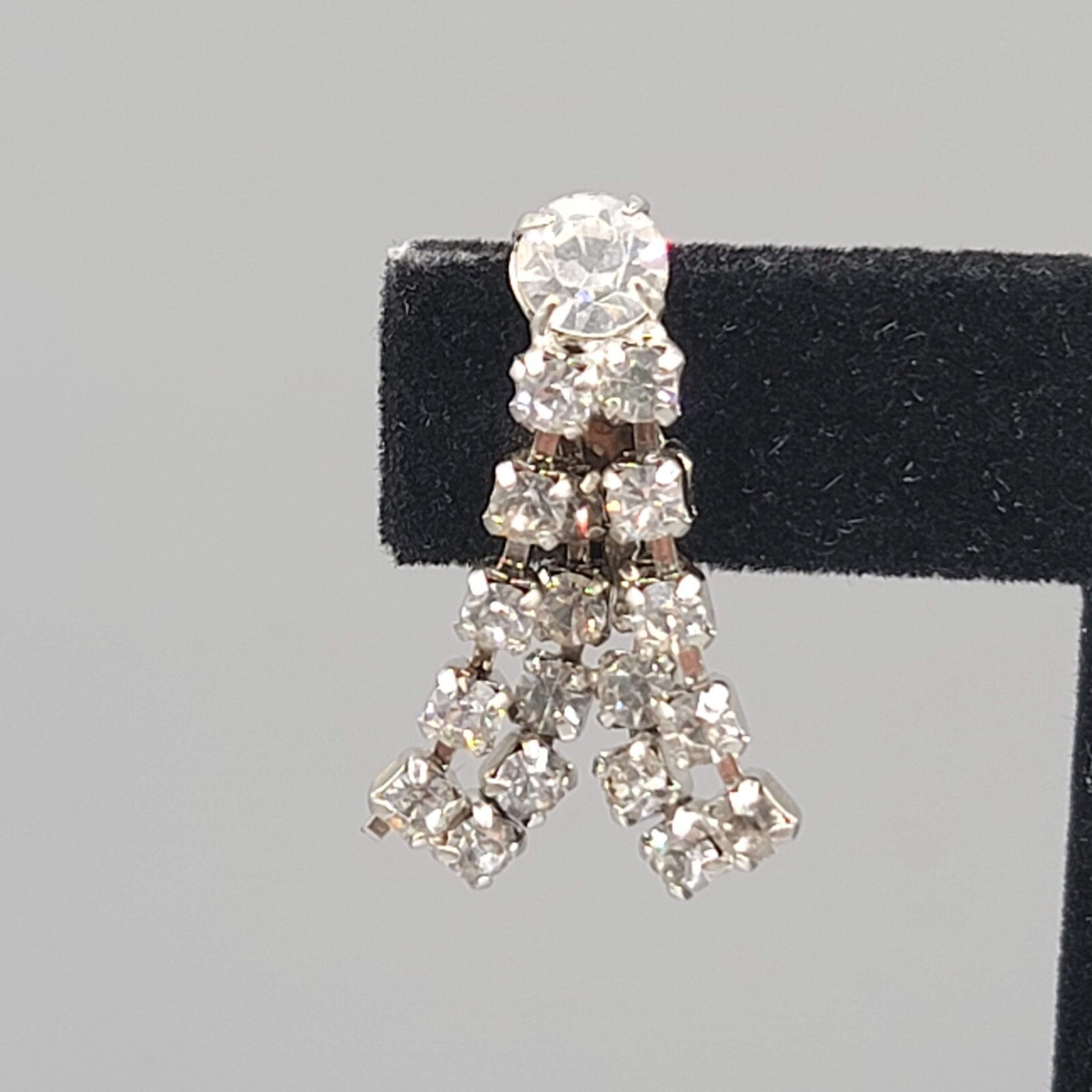 Vintage Rhinestone Clip on Earrings Silver tone Wrapped Dangle Screw Back 1 1/8"