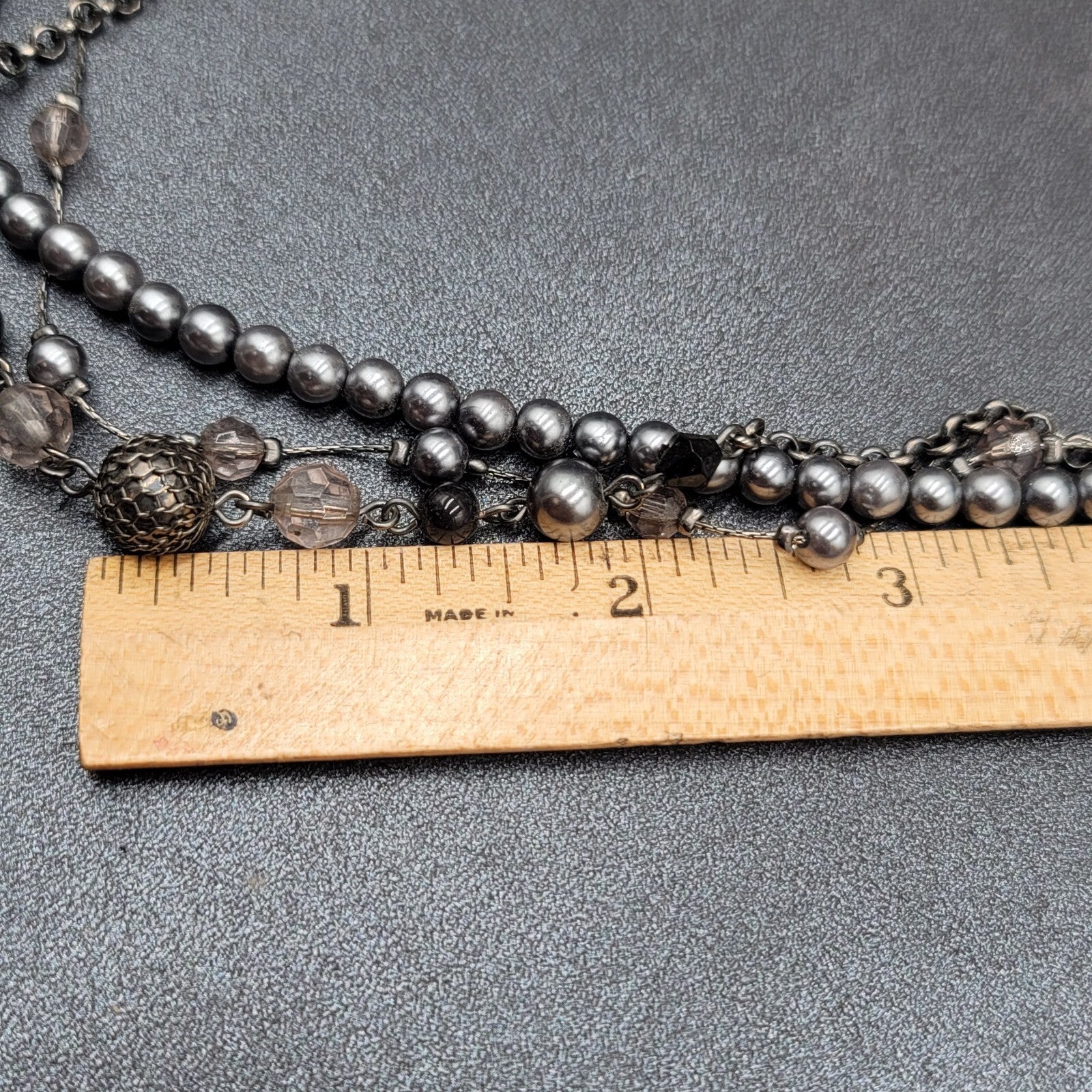 Triple Strand Black Chain Gray Bead Necklace 16"