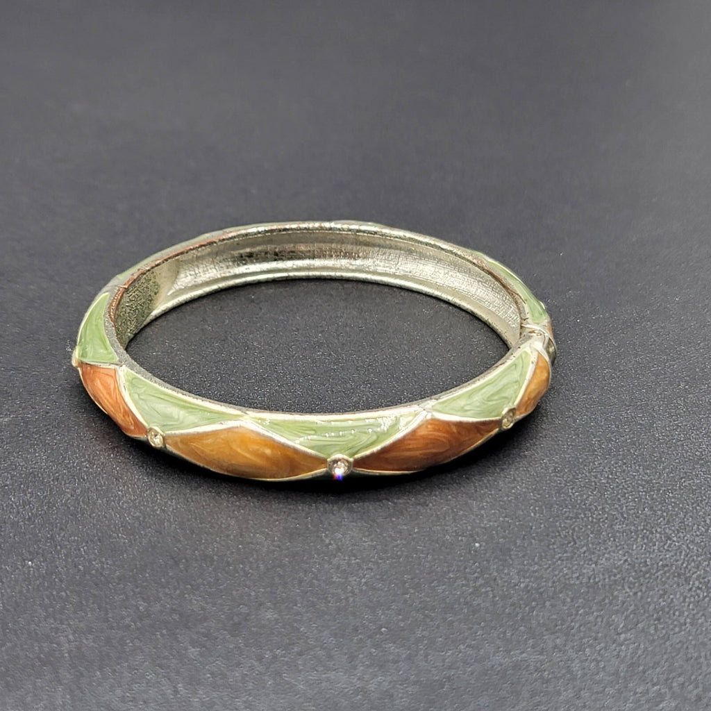 Hinged Bracelet Bangle Silver tone Crystal Green Orange Enamel